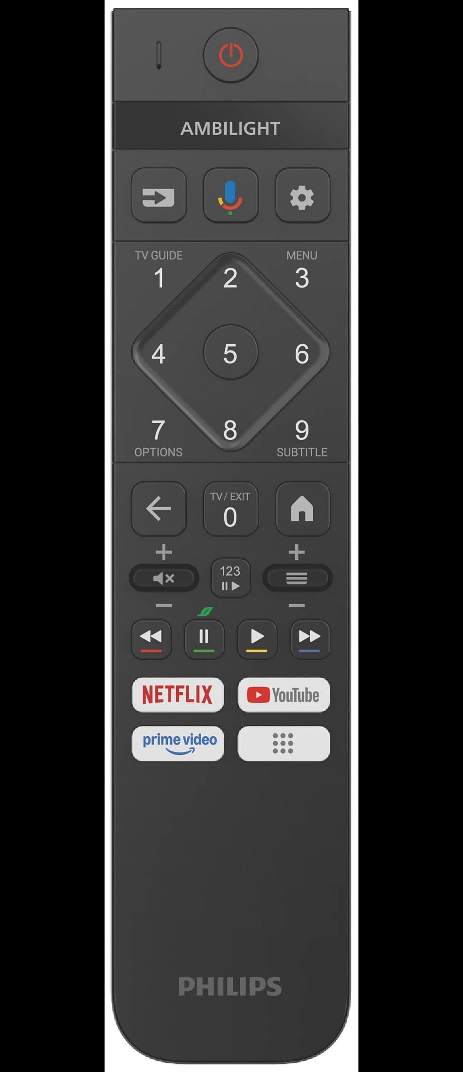 Un telecomando scuro Philips con pulsanti numerati e pulsanti app.