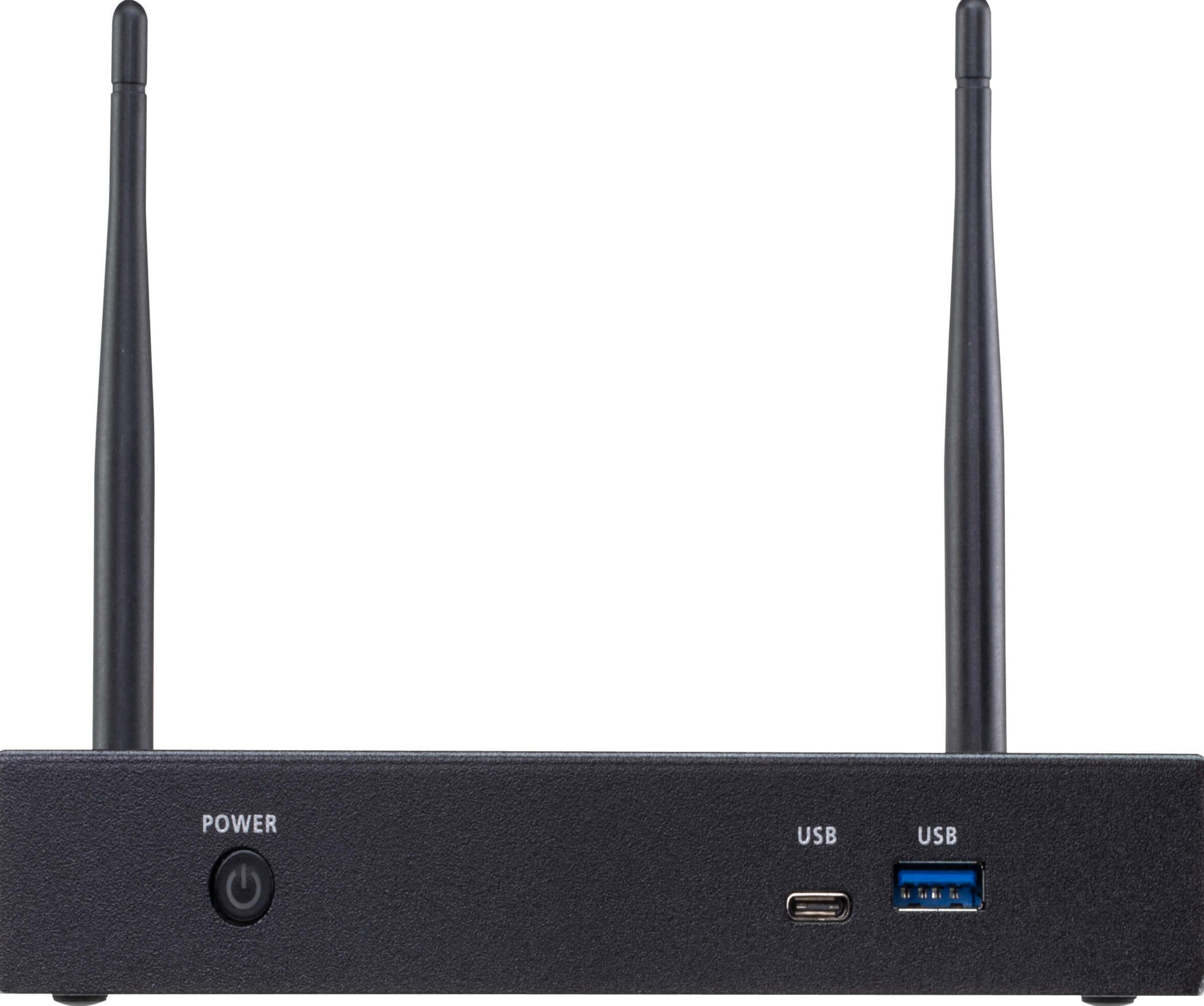 Schwarzes Gerät mit zwei Antennen, Power-Taste und USB-Anschlüssen.