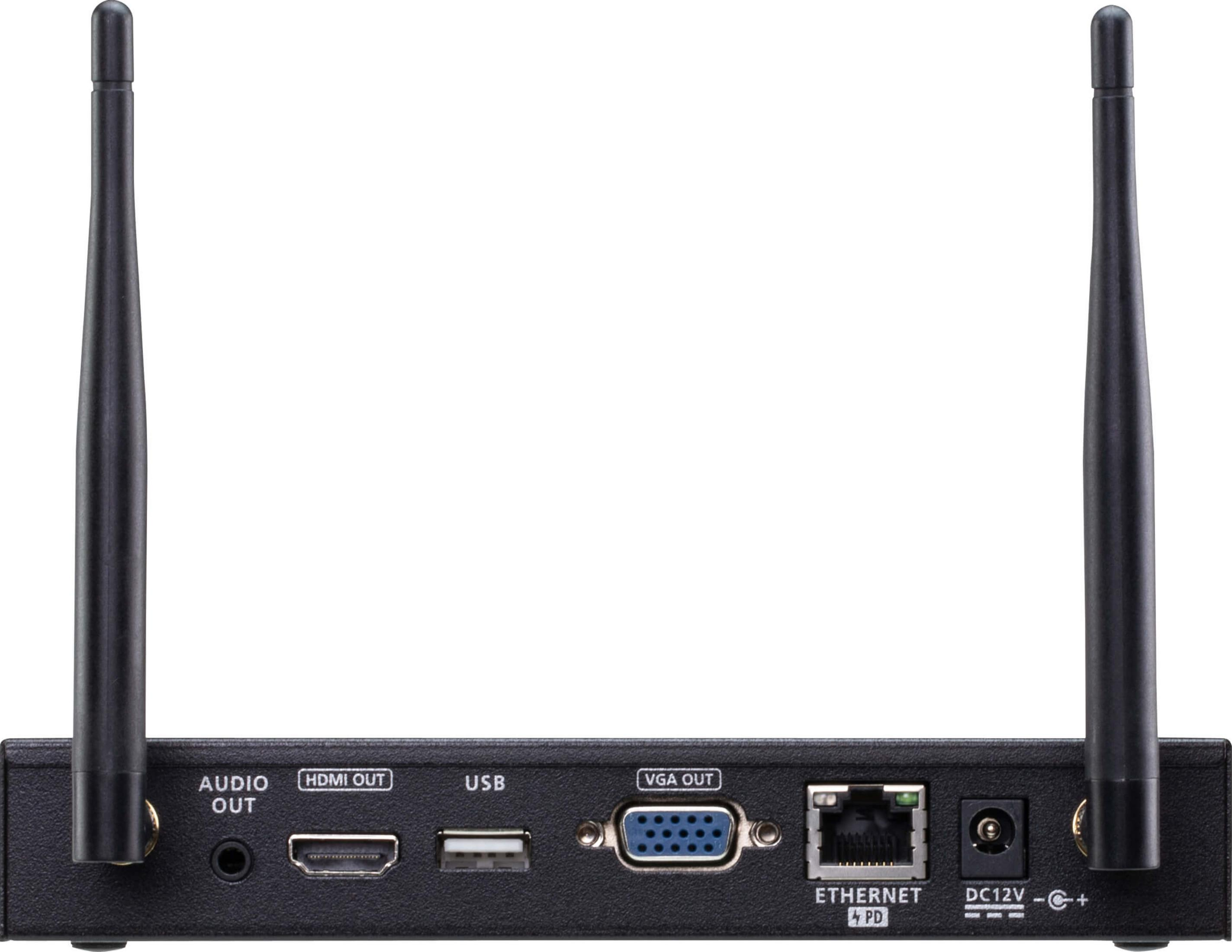 Gerät mit Anschlüssen: Audio Out, HDMI Out, USB, VGA Out, Ethernet, DC12V.