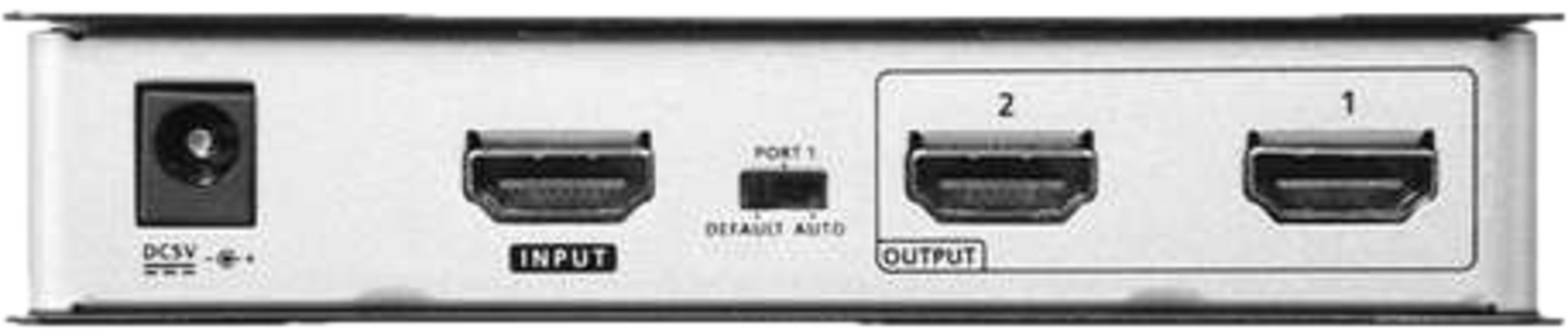 Pannello posteriore del dispositivo: ingresso DC 5V, ingresso HDMI, interruttore, uscita HDMI 2, uscita HDMI 1.