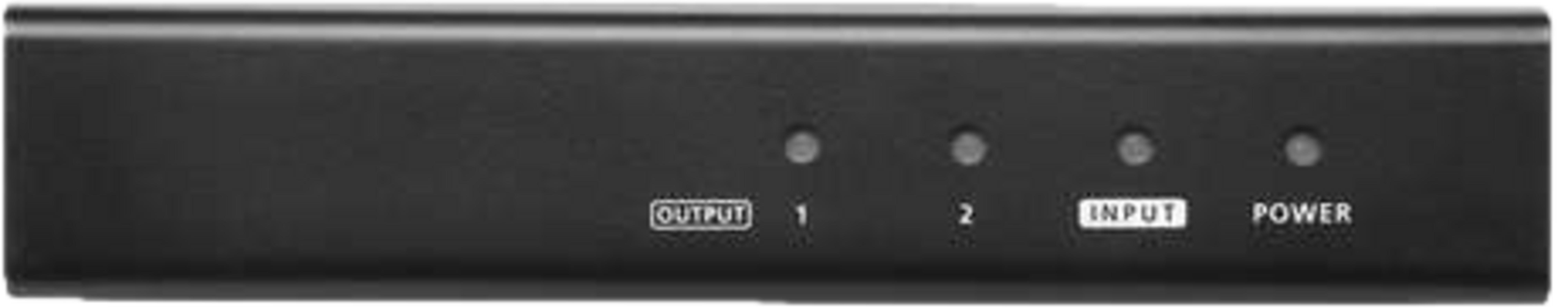 Scatola nera con etichette: OUTPUT, 1, 2, INPUT, POWER e spie.