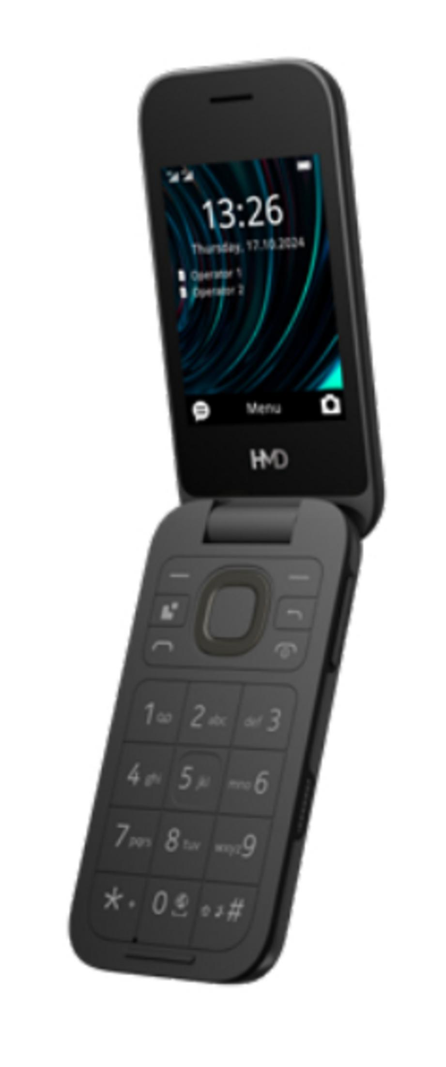 Un telefono flip nero con tastiera e display.