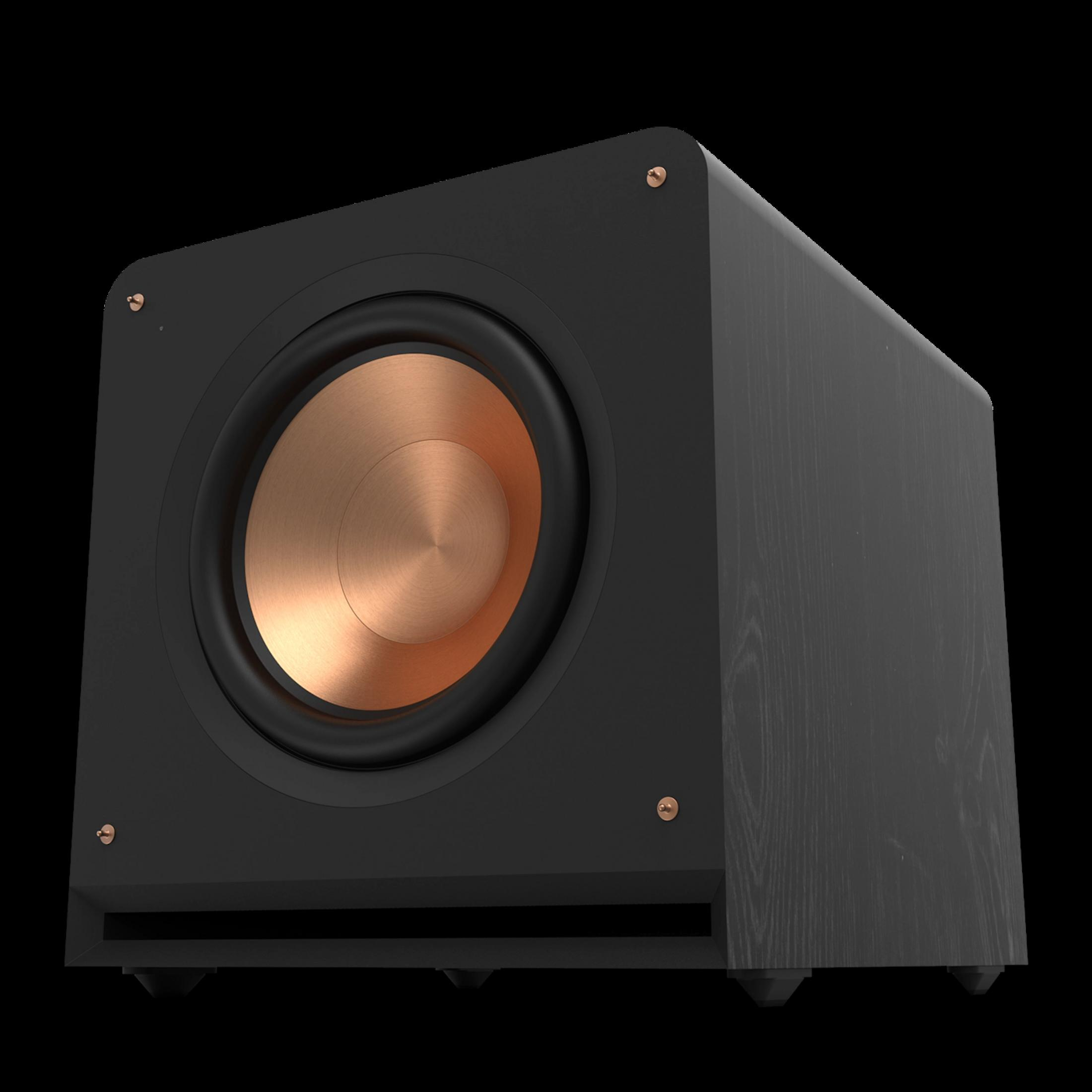Schwarzer Subwoofer mit kupferfarbenem Konus und Holzmaserung.