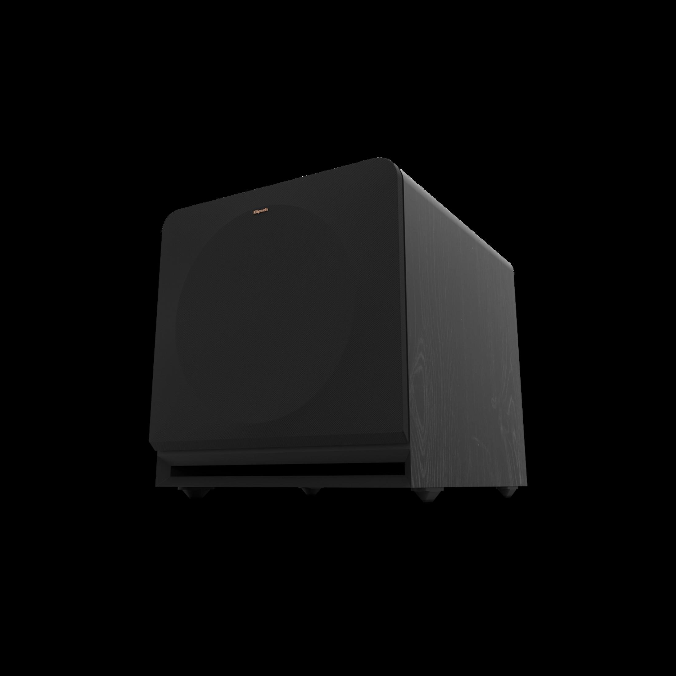 Schwarzer Subwoofer mit gebürstetem Holzfinish und Klipsch-Logo.