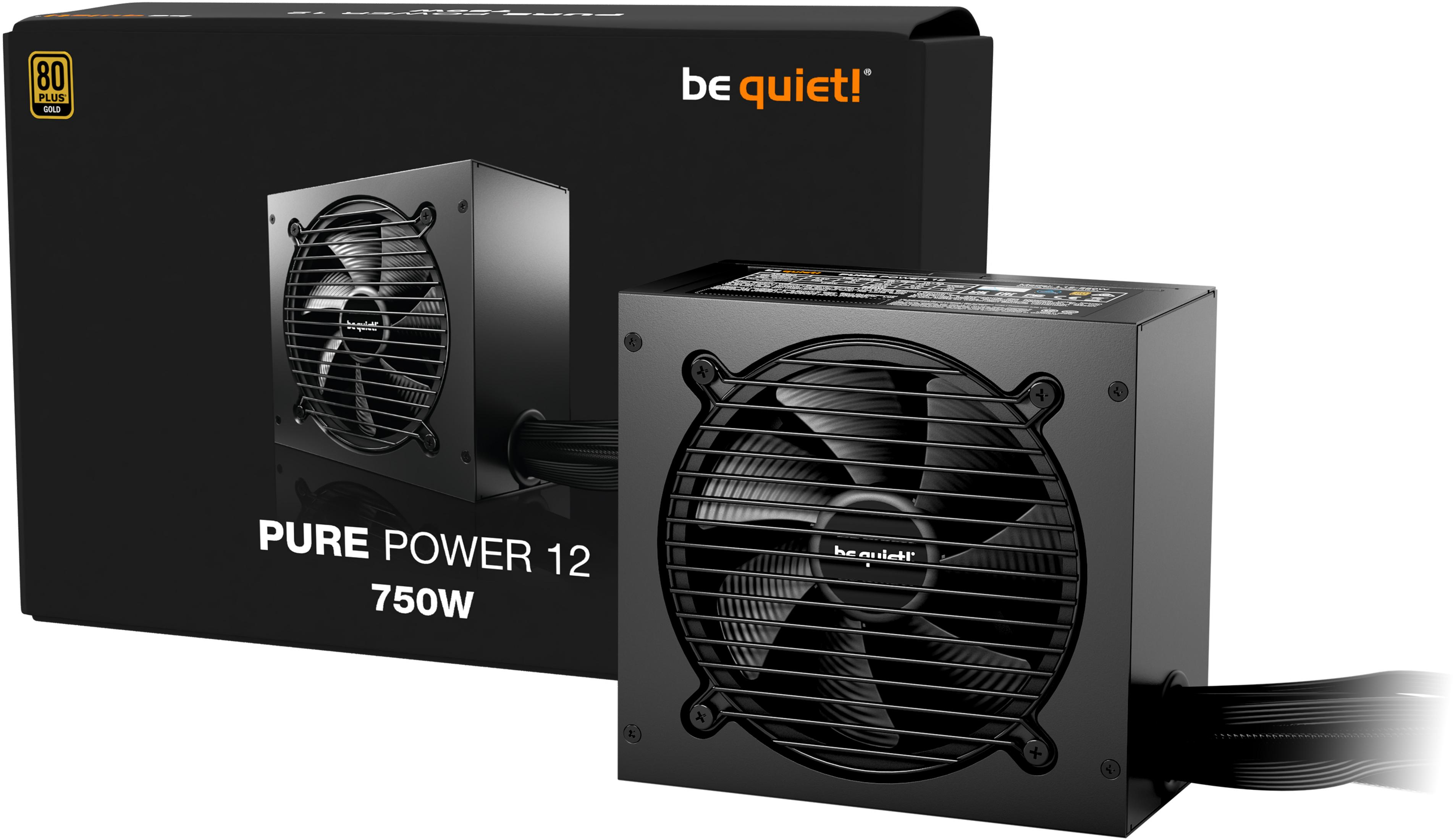 Bloc d'alimentation noir avec ventilateur et câbles, sur emballage noir.