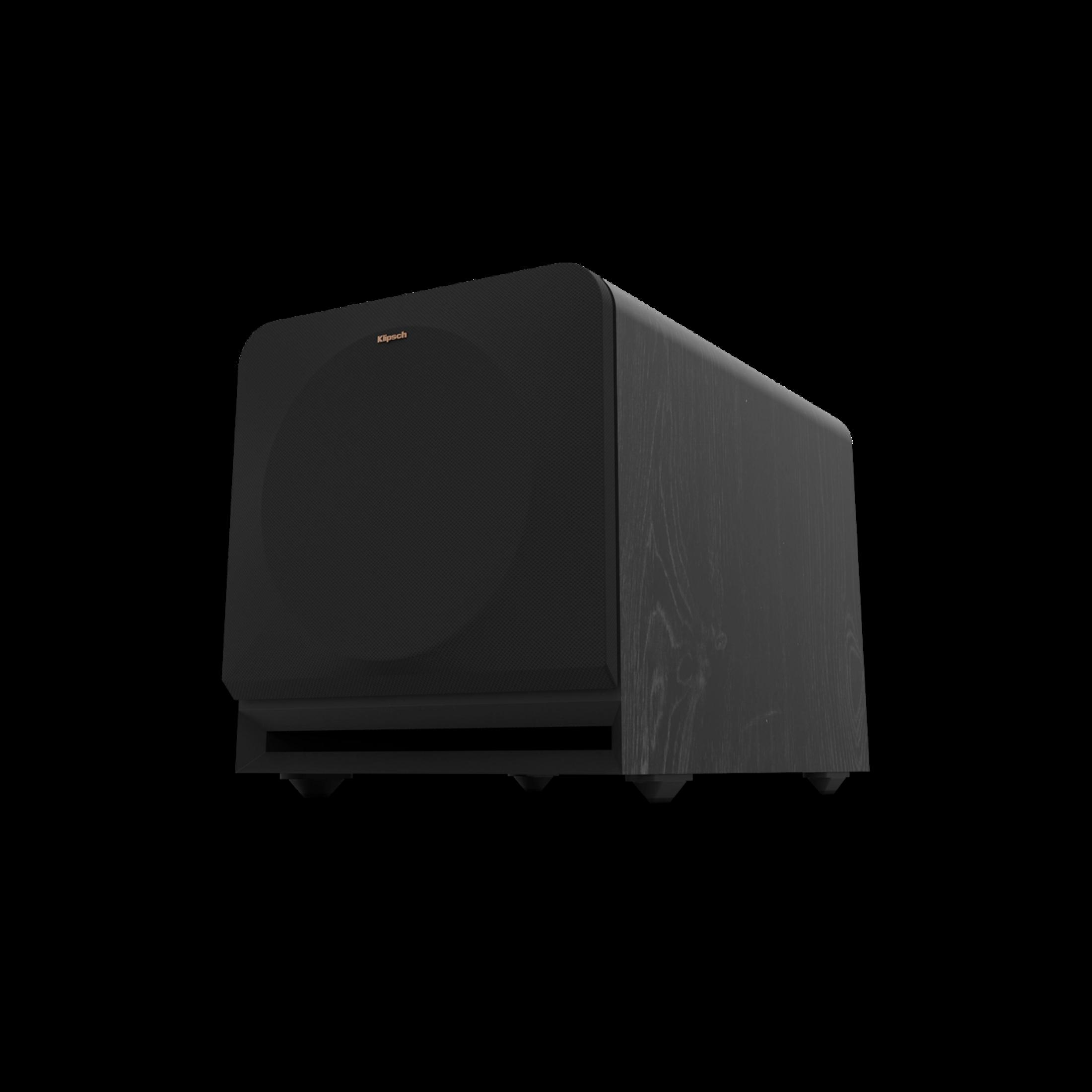 Schwarzer Subwoofer mit Klipsch-Logo und Holzmuster an der Seite.