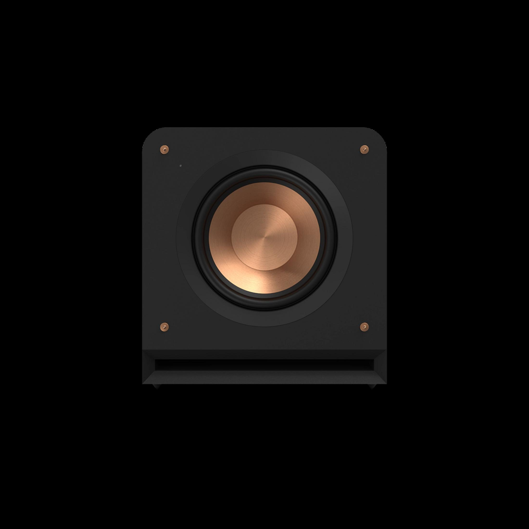 Schwarzer Subwoofer mit kupferfarbenem Konus und vier Schrauben.