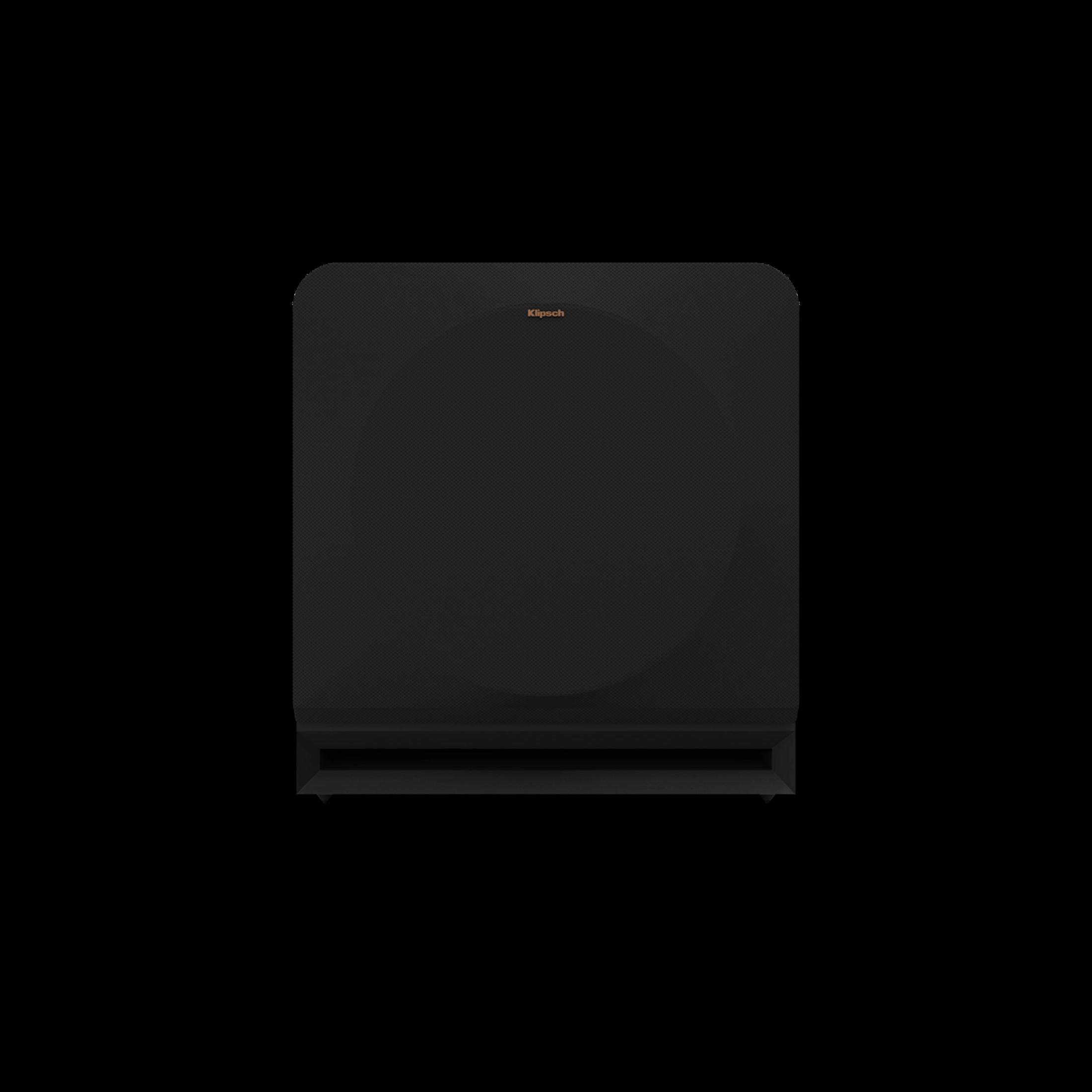 Schwarzer Subwoofer mit Klipsch-Logo oben.