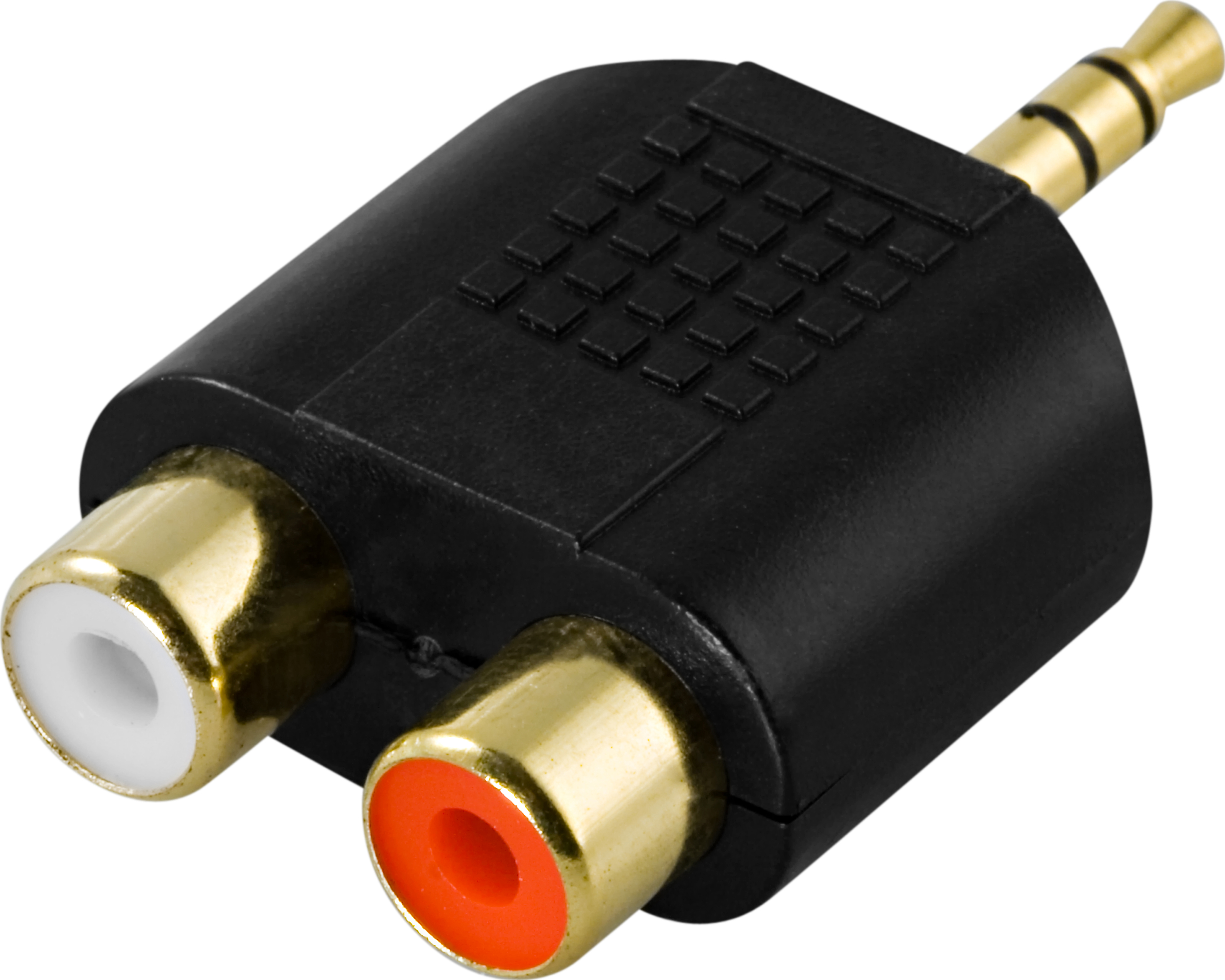 Adattatore audio nero da 3,5 mm con due porte RCA, una bianca, una rossa.
