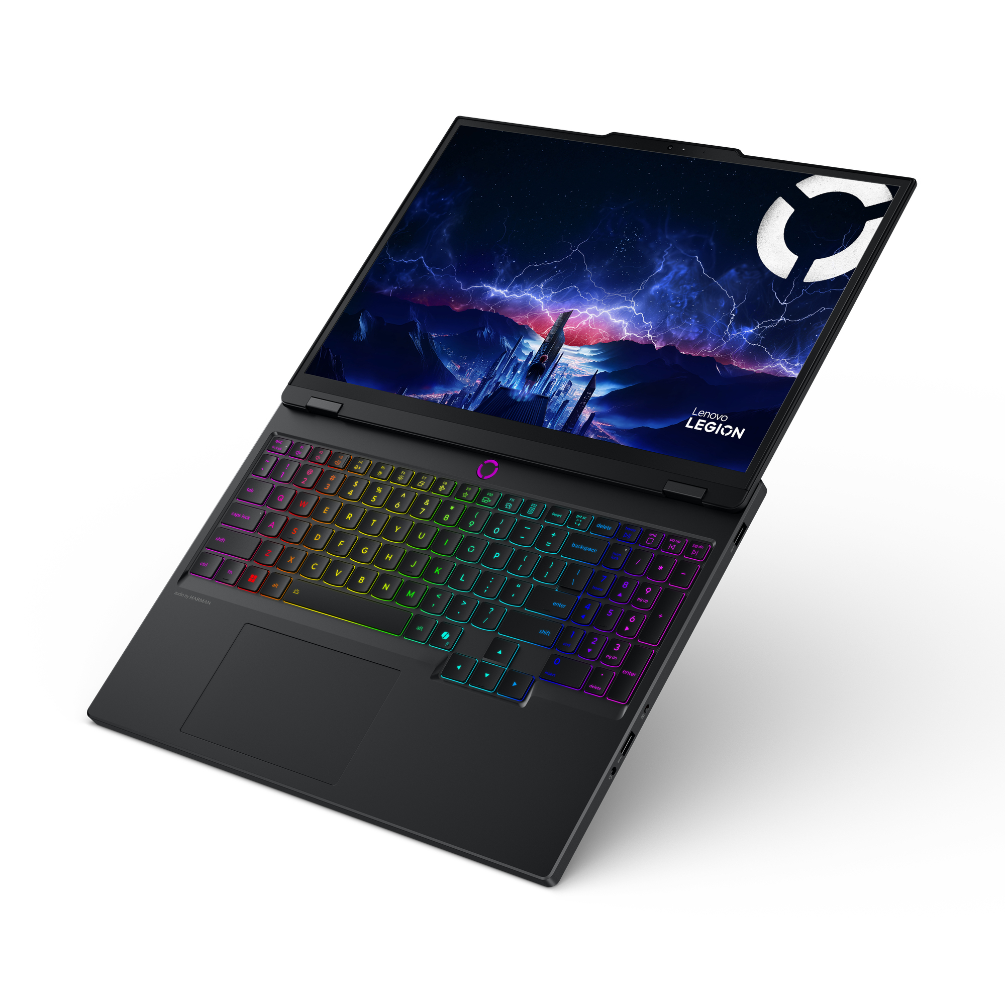 Un laptop nero Lenovo Legion con retroilluminazione colorata della tastiera e sfondo futuristico.