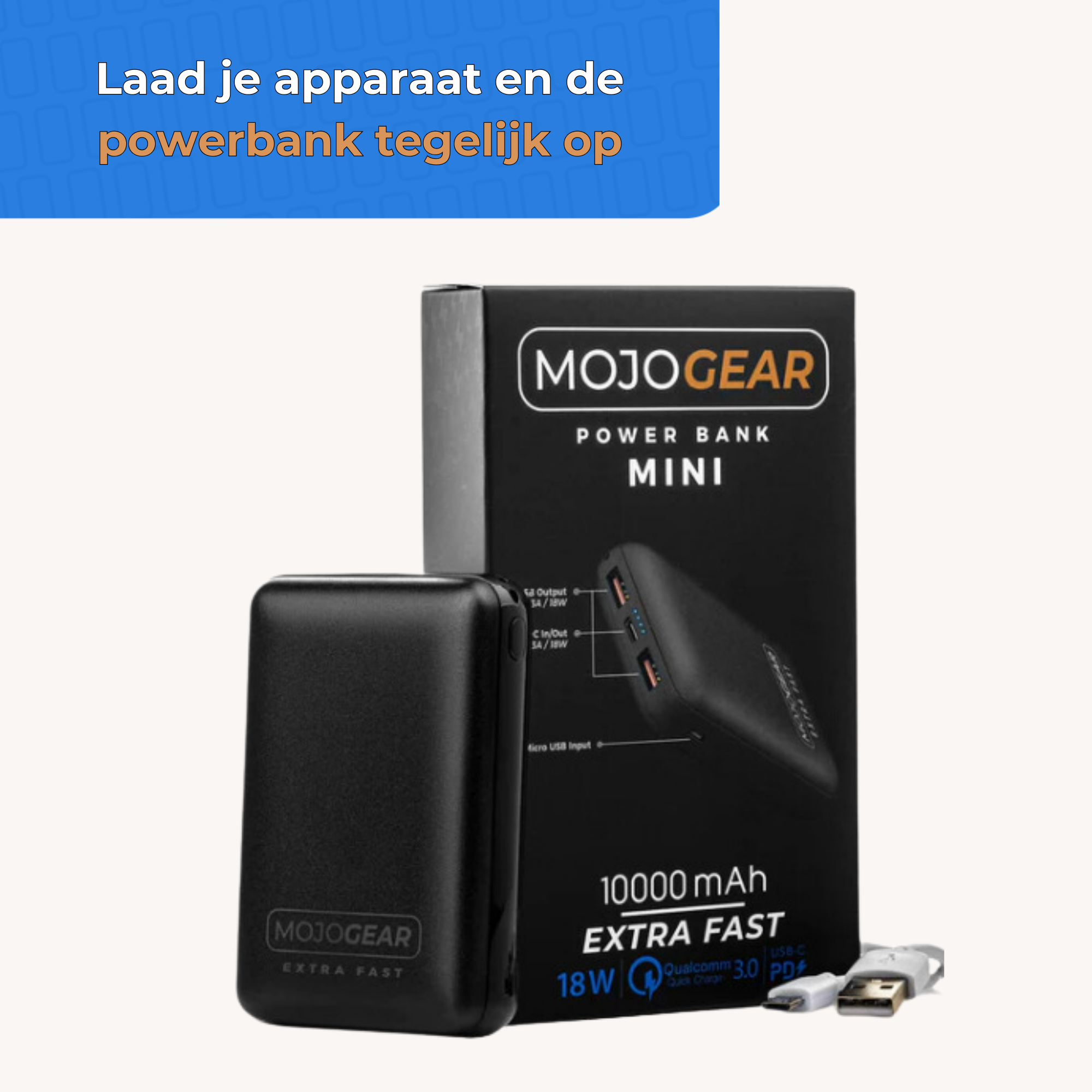 Schwarzes MOJOGEAR Mini Powerbank und Verpackung mit Kabeln.