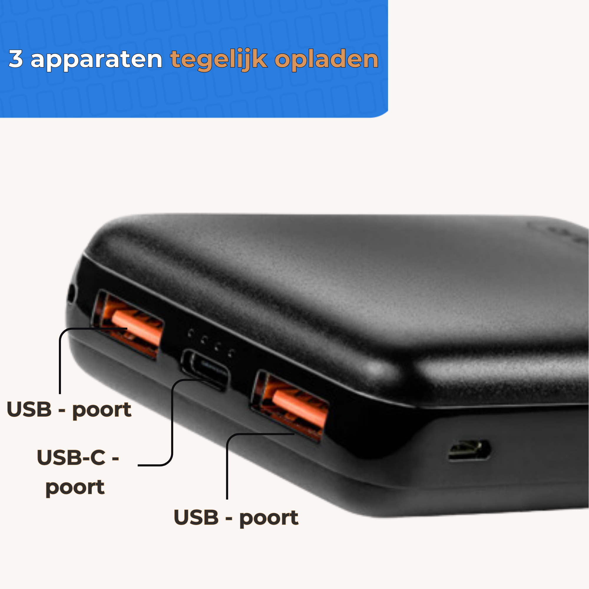 Schwarzes Ladegerät mit USB- und USB-C-Anschlüssen, kann 3 Geräte gleichzeitig laden.