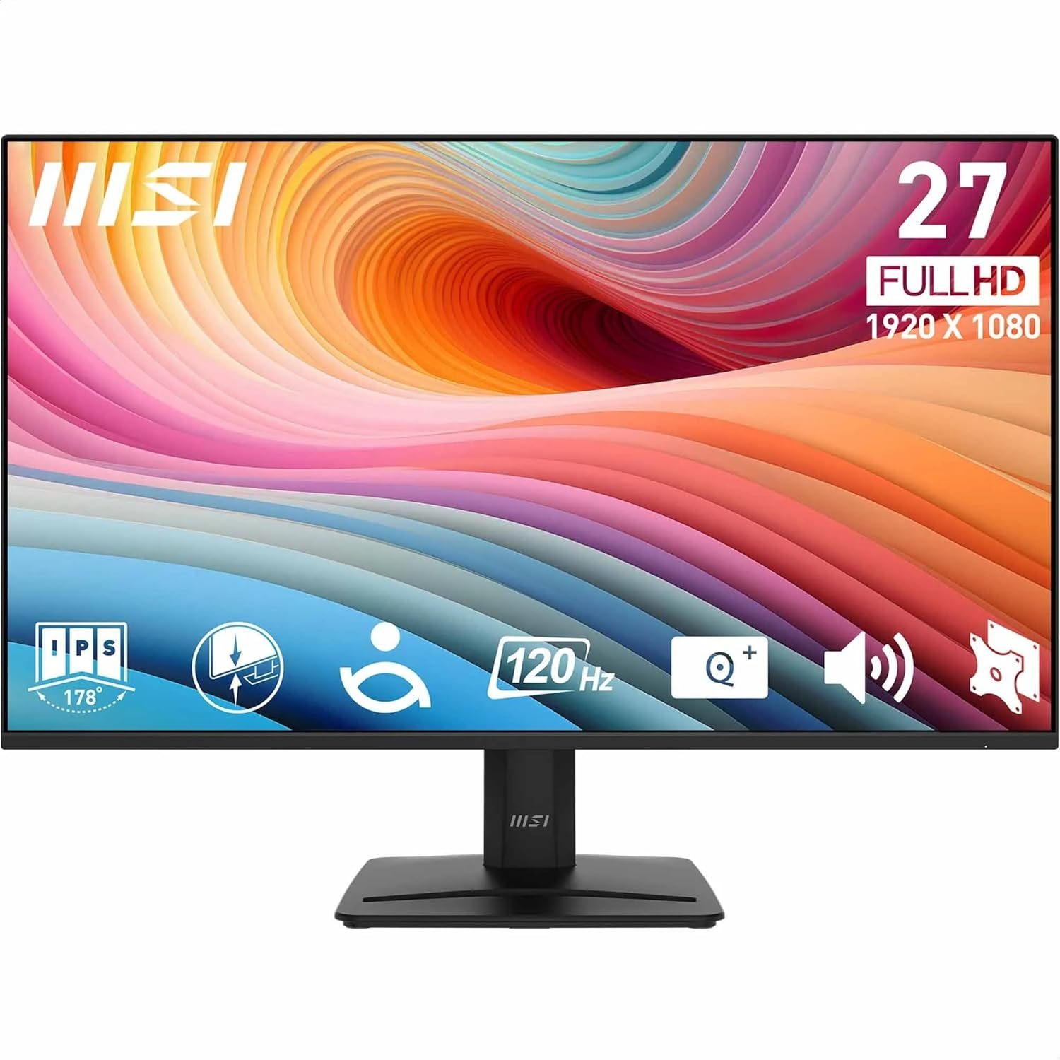 Monitor MSI Full HD de 27 pulgadas con vibrante fondo de pantalla abstracto e iconos.