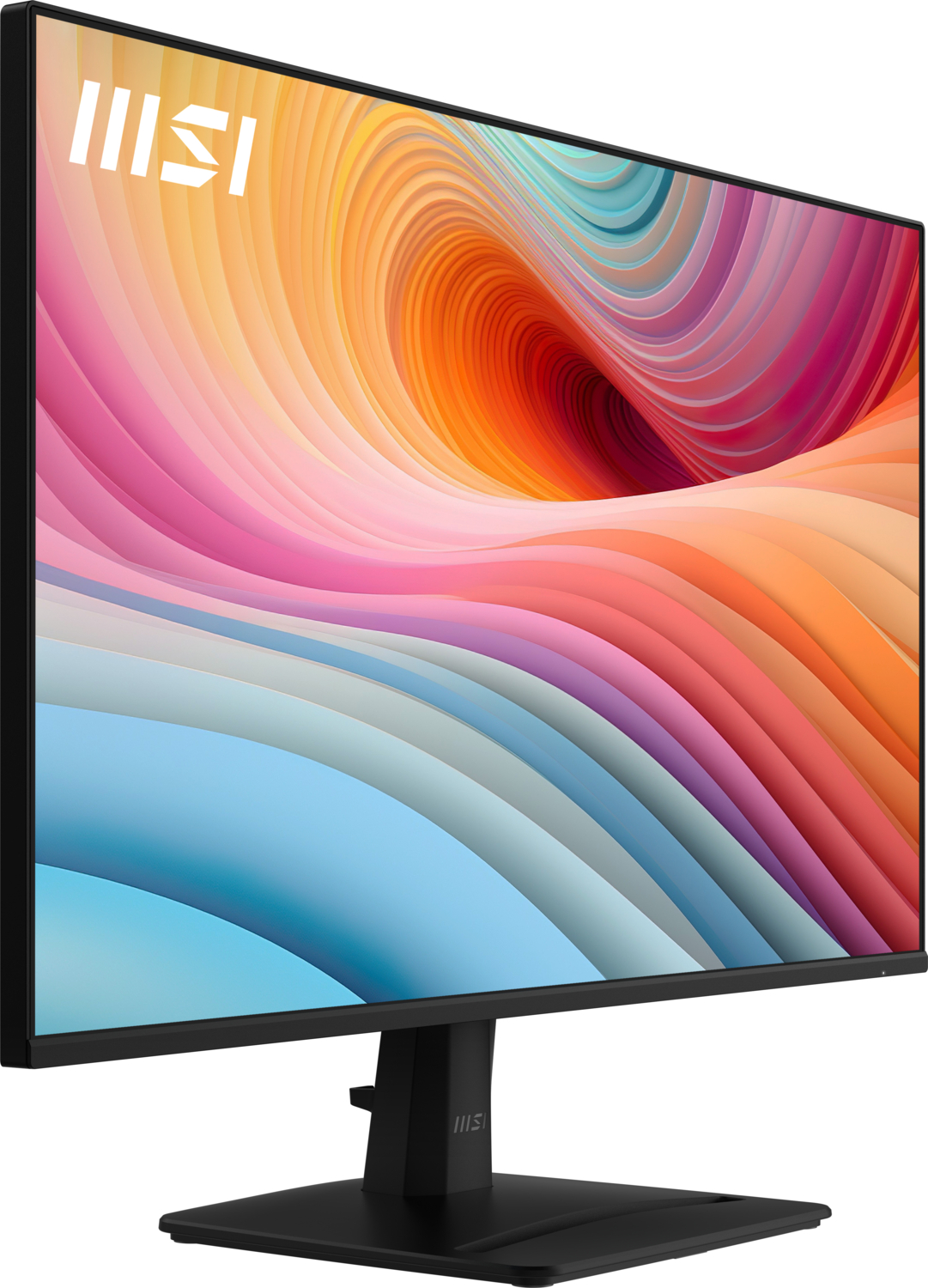 Un monitor negro con un fondo colorido de líneas curvas.