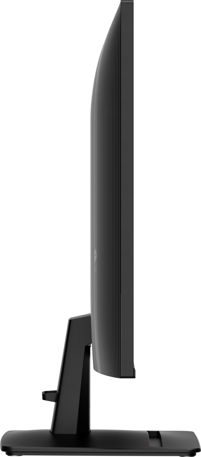 Monitor de computadora negro sobre un soporte, visto de lado.