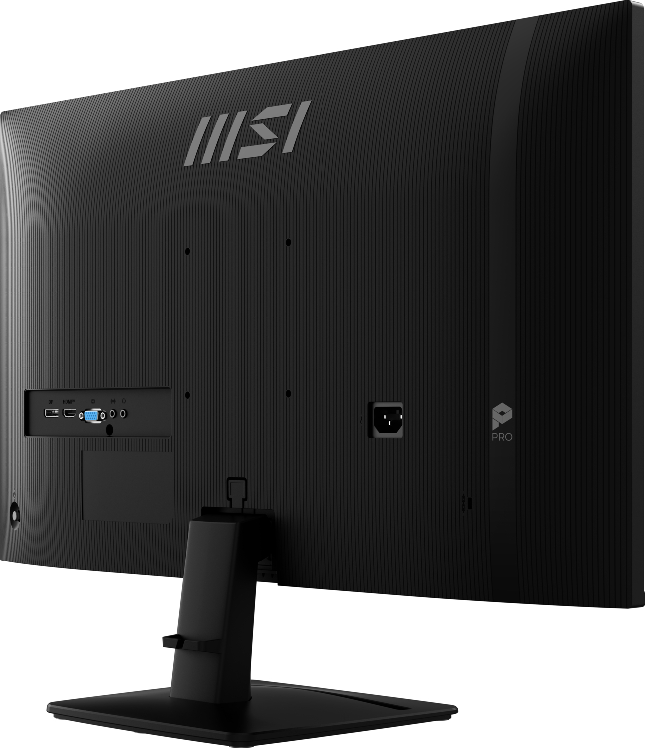 Parte trasera de un monitor negro con puertos como DP, HDMI, VGA y conector de alimentación.