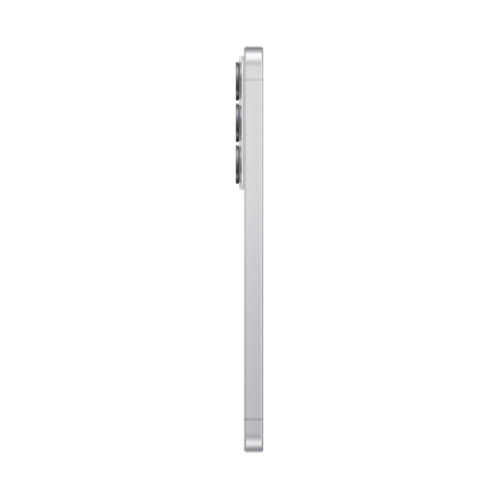 Silbernes Smartphone von der Seite mit drei Kameralinsen.
