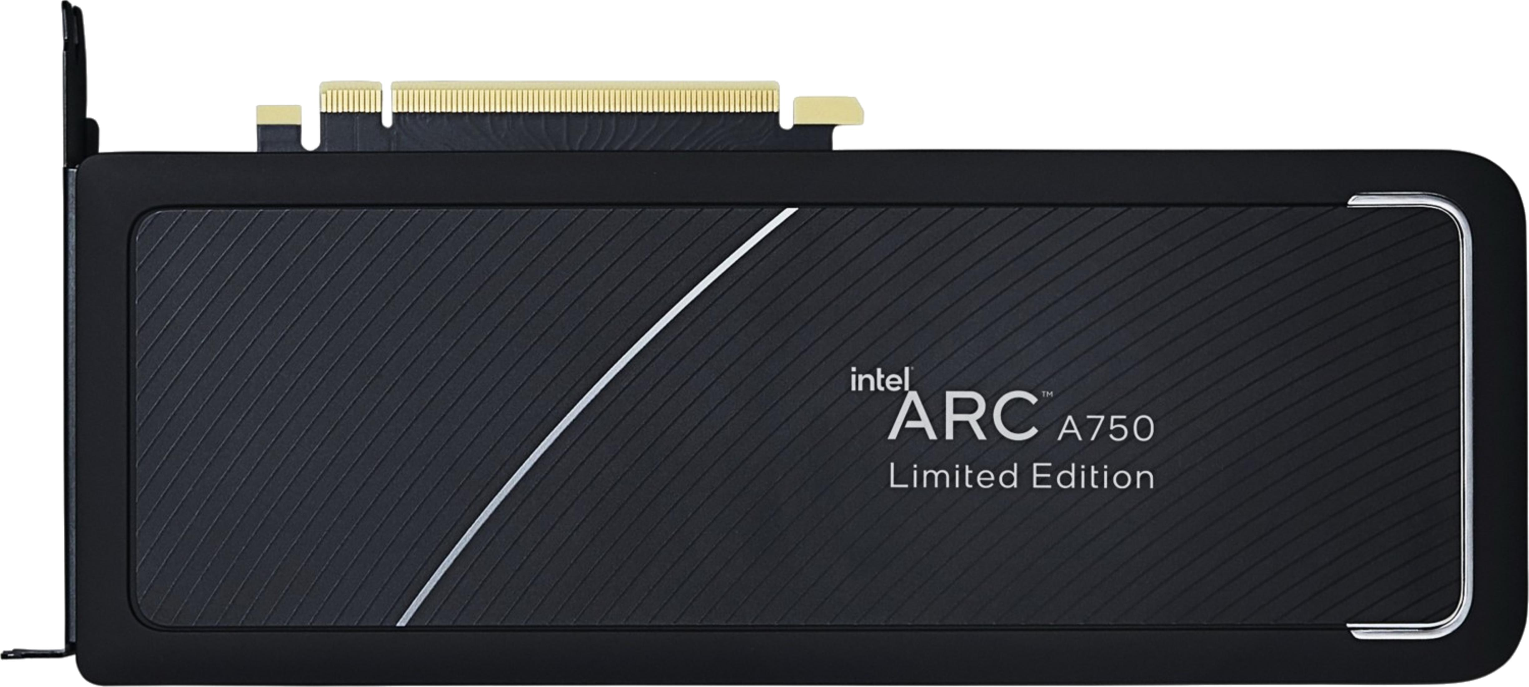Tarjeta gráfica Intel Arc A750 Limited Edition con acabado texturizado negro y detalles plateados.