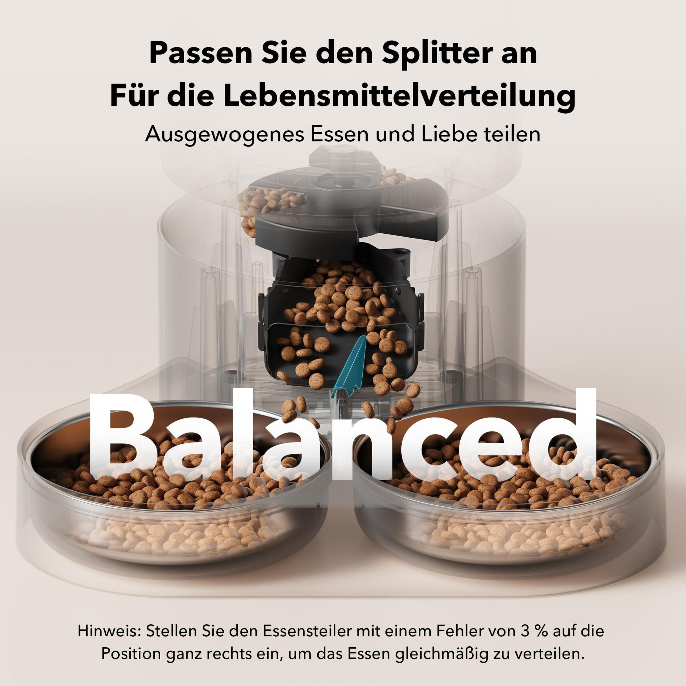 A pet feeder dispenses kibble into two bowls.