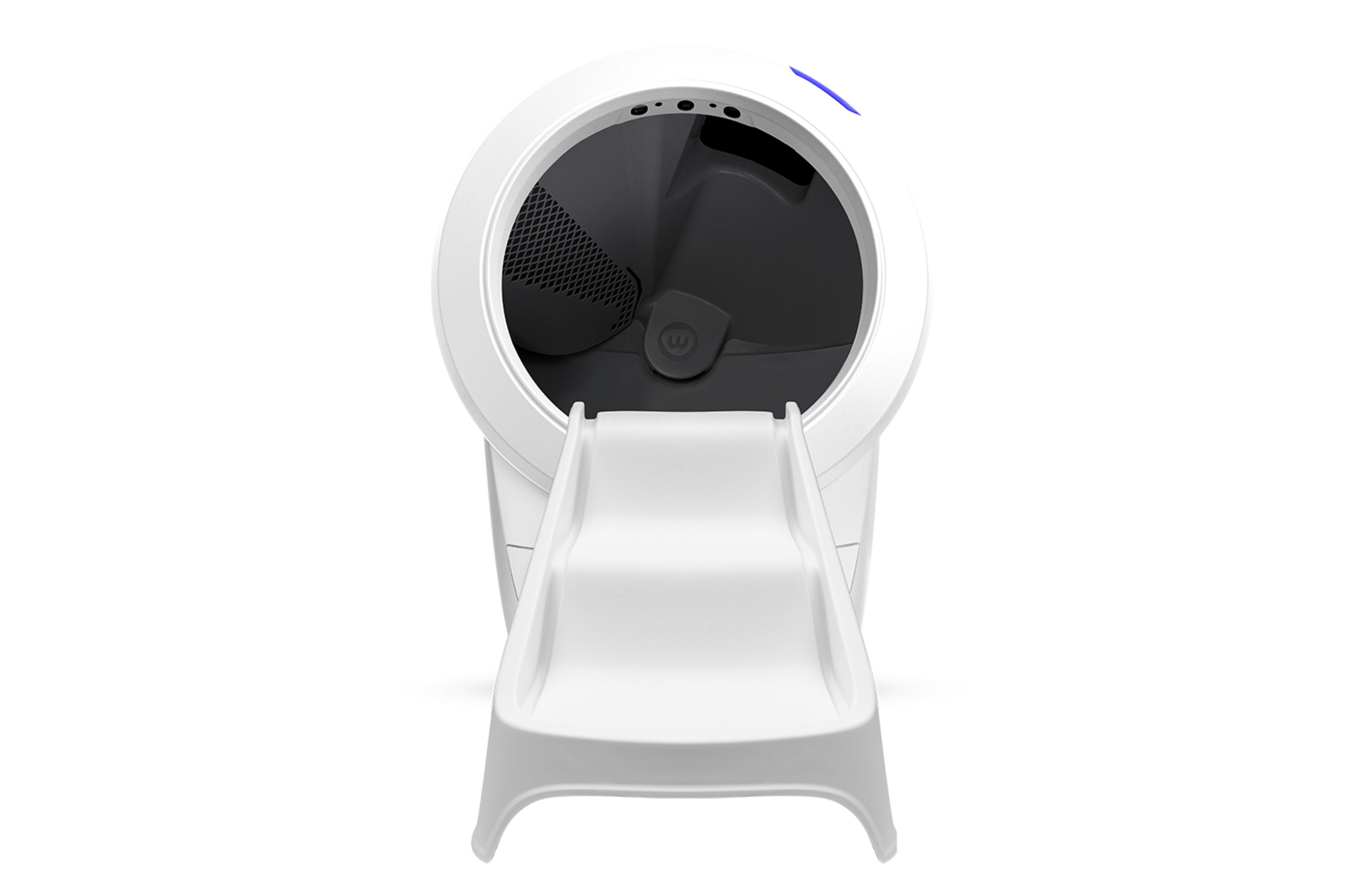 Eine weiße, automatische Katzentoilette mit einem Ausstieg und einem blauen Lichtstreifen.