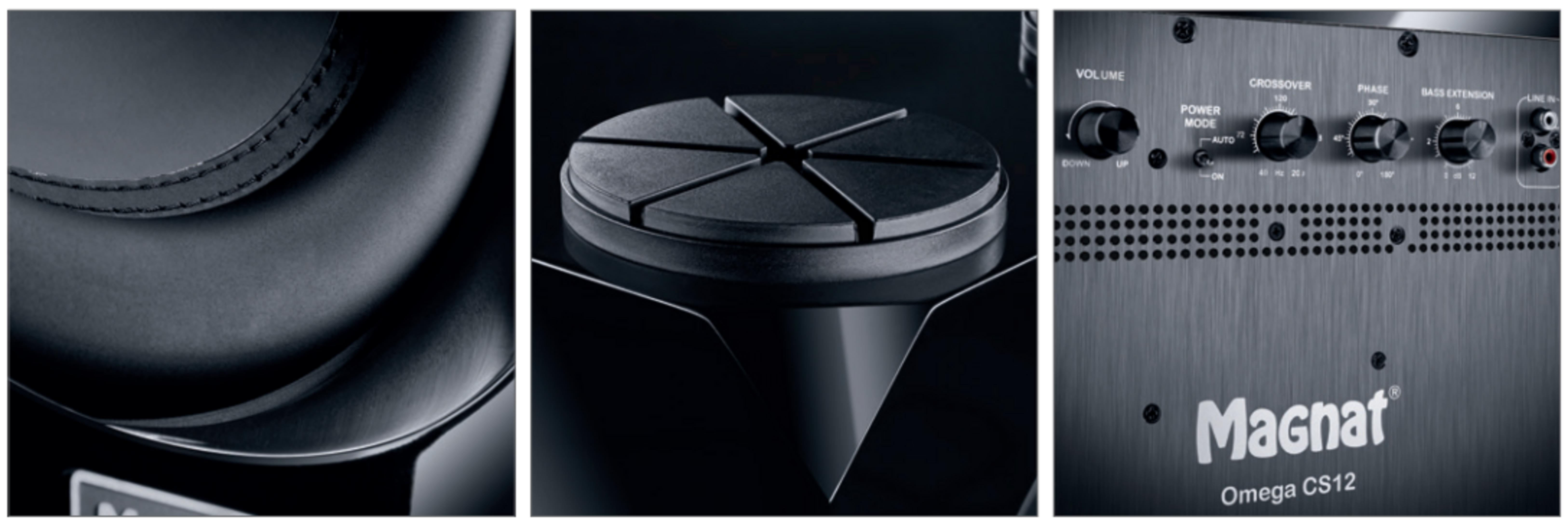 Nahaufnahme eines schwarzen Subwoofers mit Reglern und Anschlüssen.