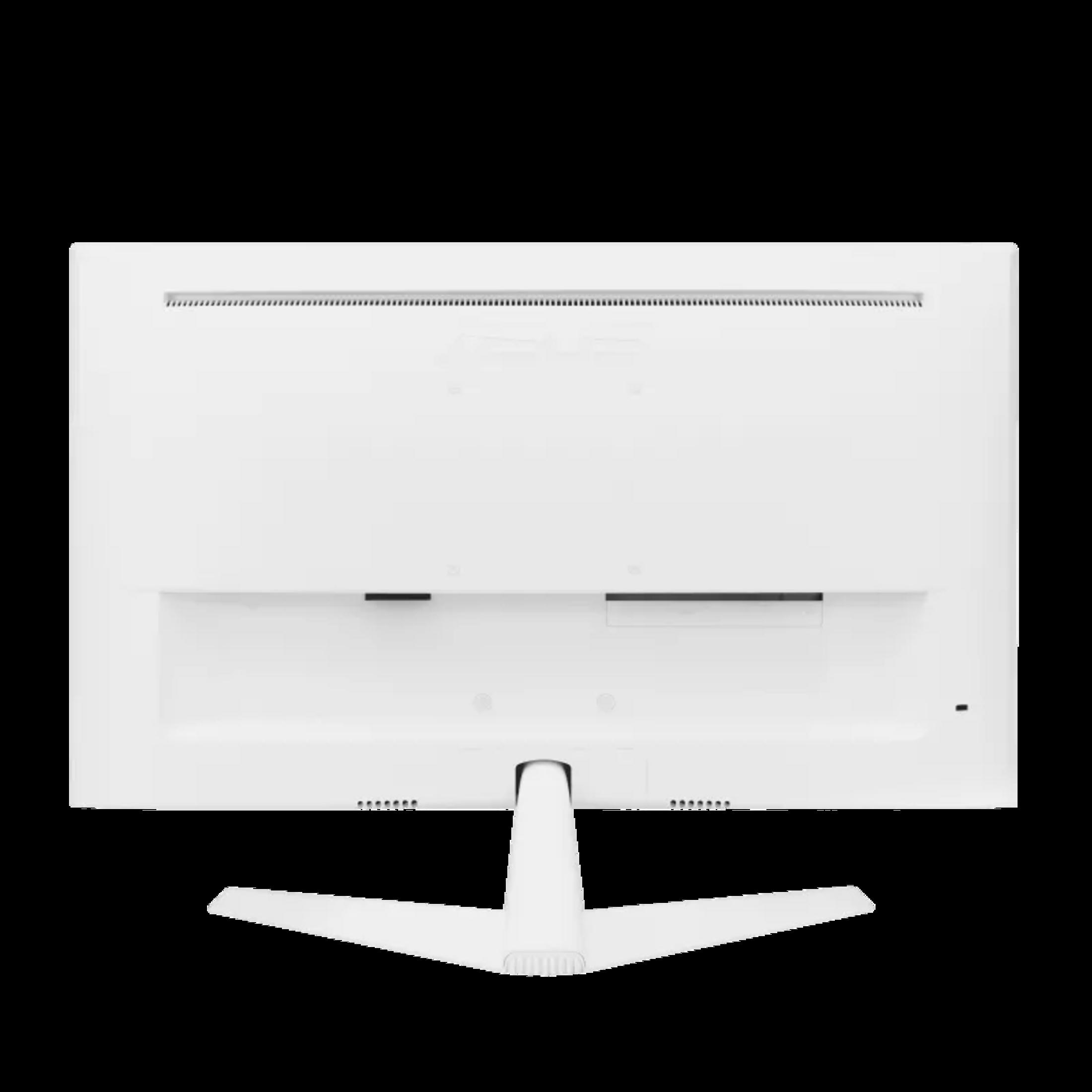 Achterkant van een witte monitor met standaard. Ventilatieroosters boven en onder.