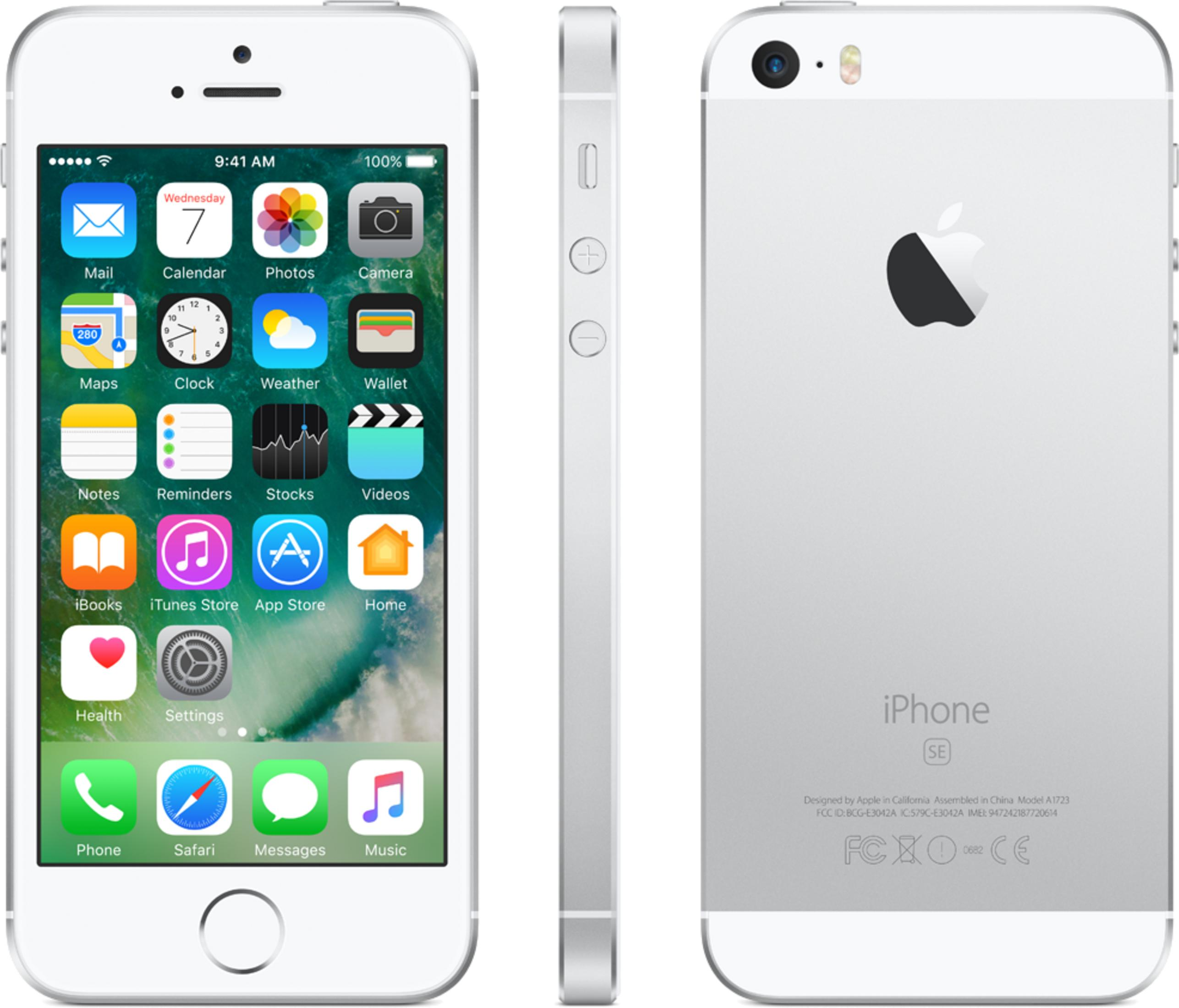 Ein silbernes iPhone SE wird von vorne, der Seite und von hinten gezeigt.