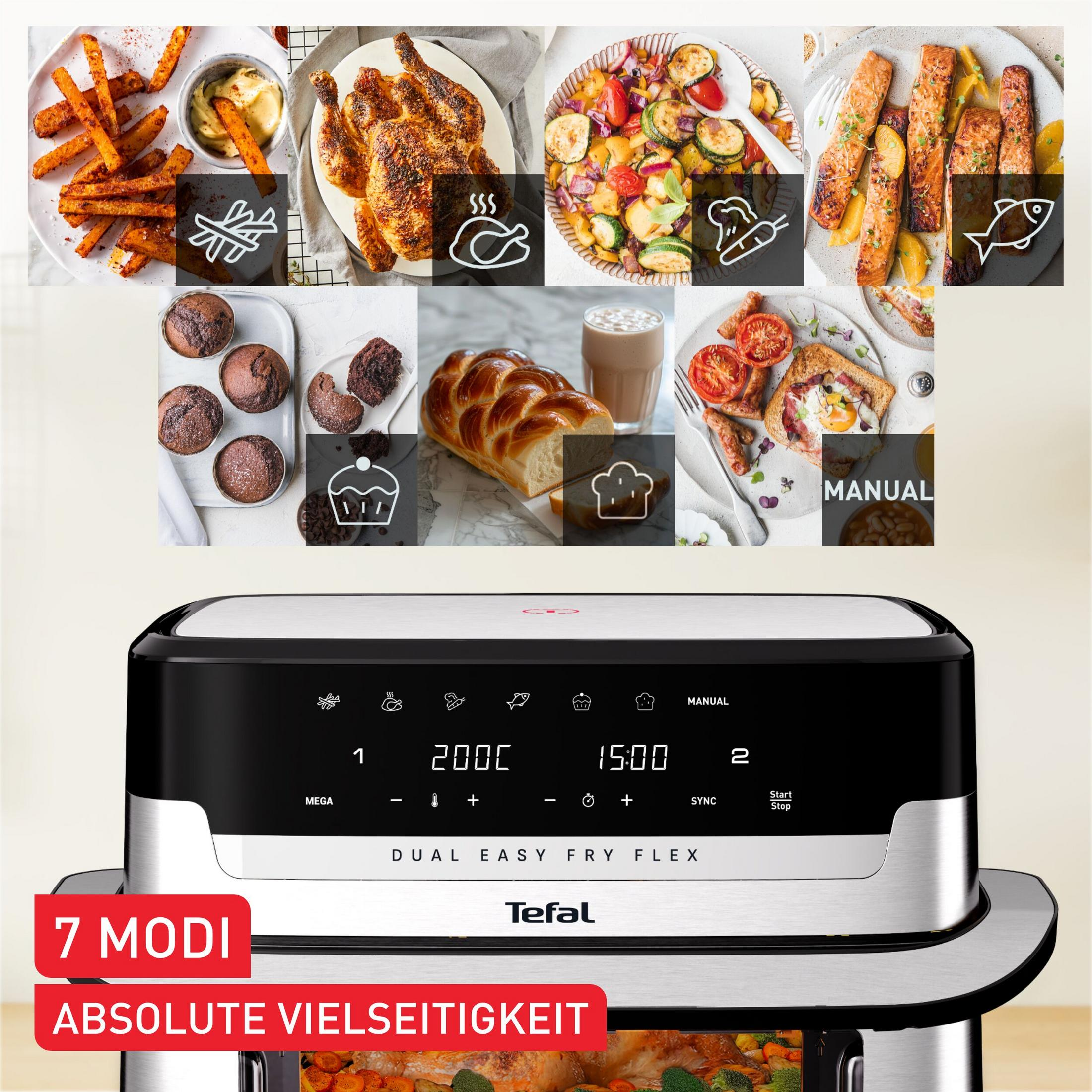 Una friggitrice ad aria con immagini di cibo: patatine, pollo, verdure, pesce, muffin, pane.
