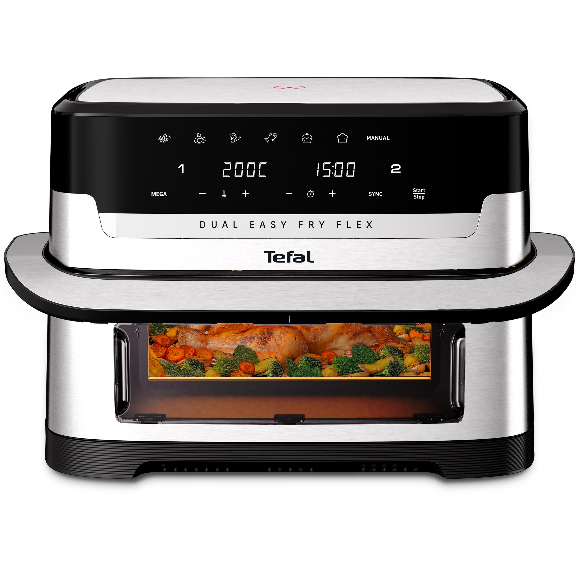 Friteuse à air Tefal avec poulet rôti et légumes visibles par la façade en verre.