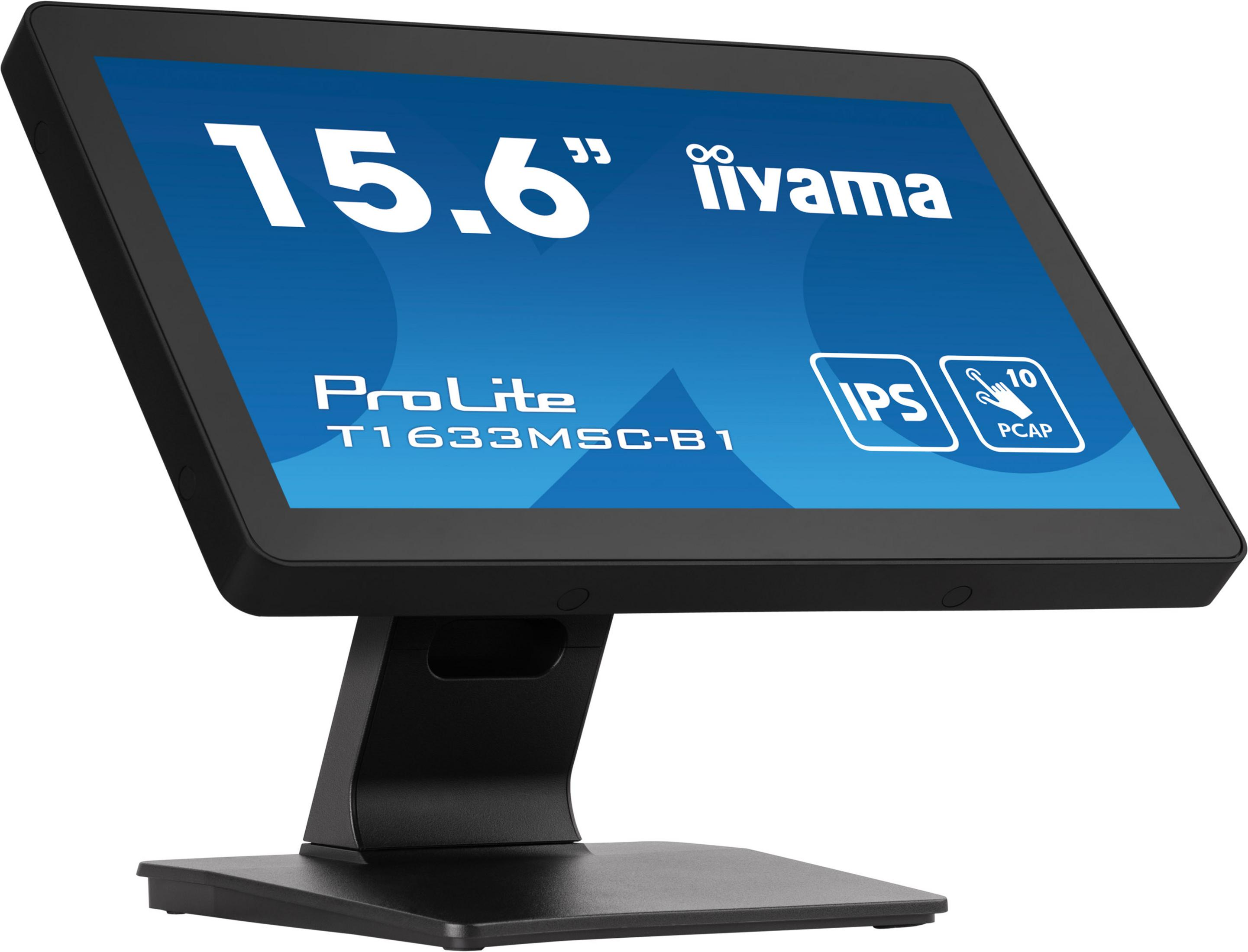 A black 15.6-inch touchscreen monitor with white lettering and logos.