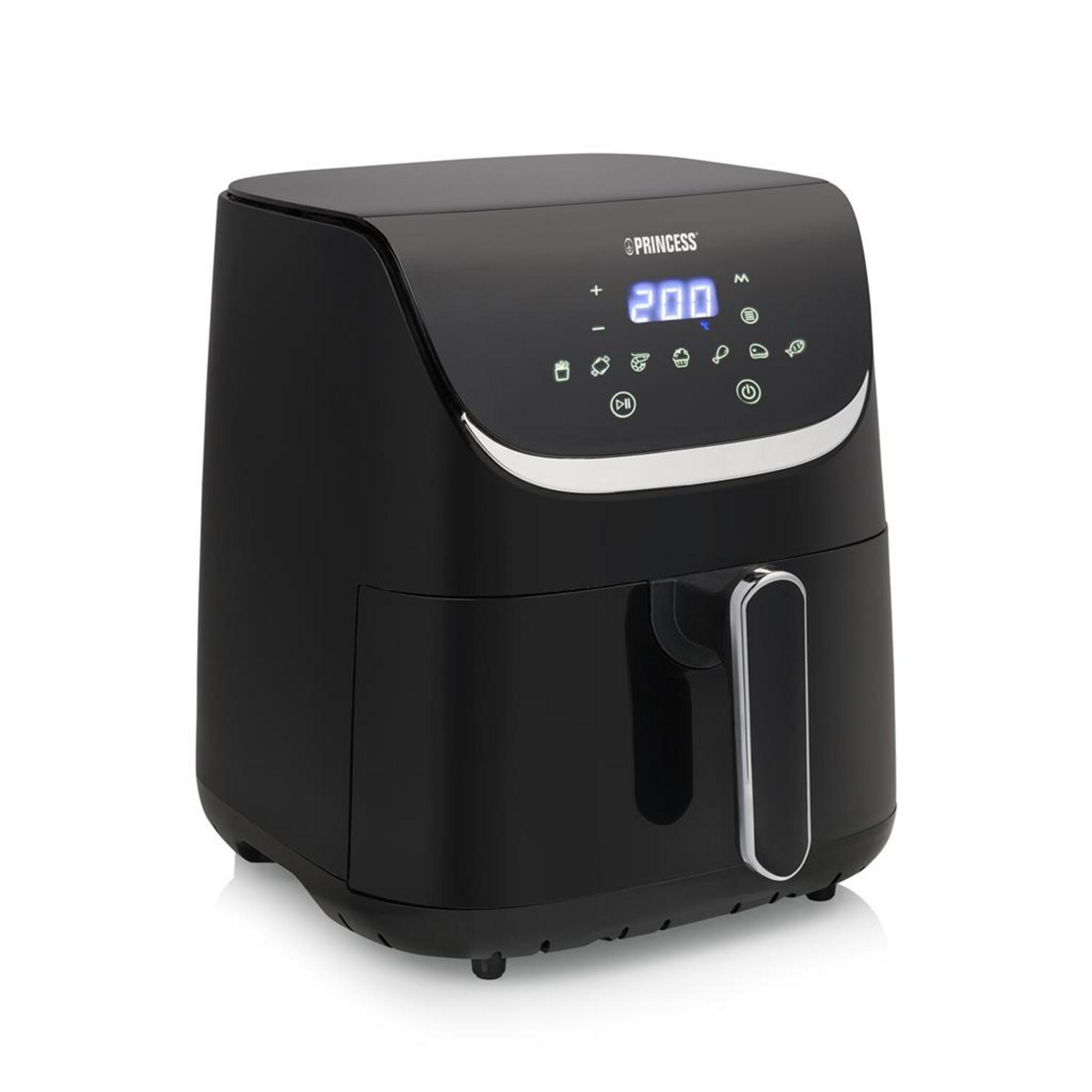 Una friggitrice ad aria nera con display digitale che mostra 200 gradi.