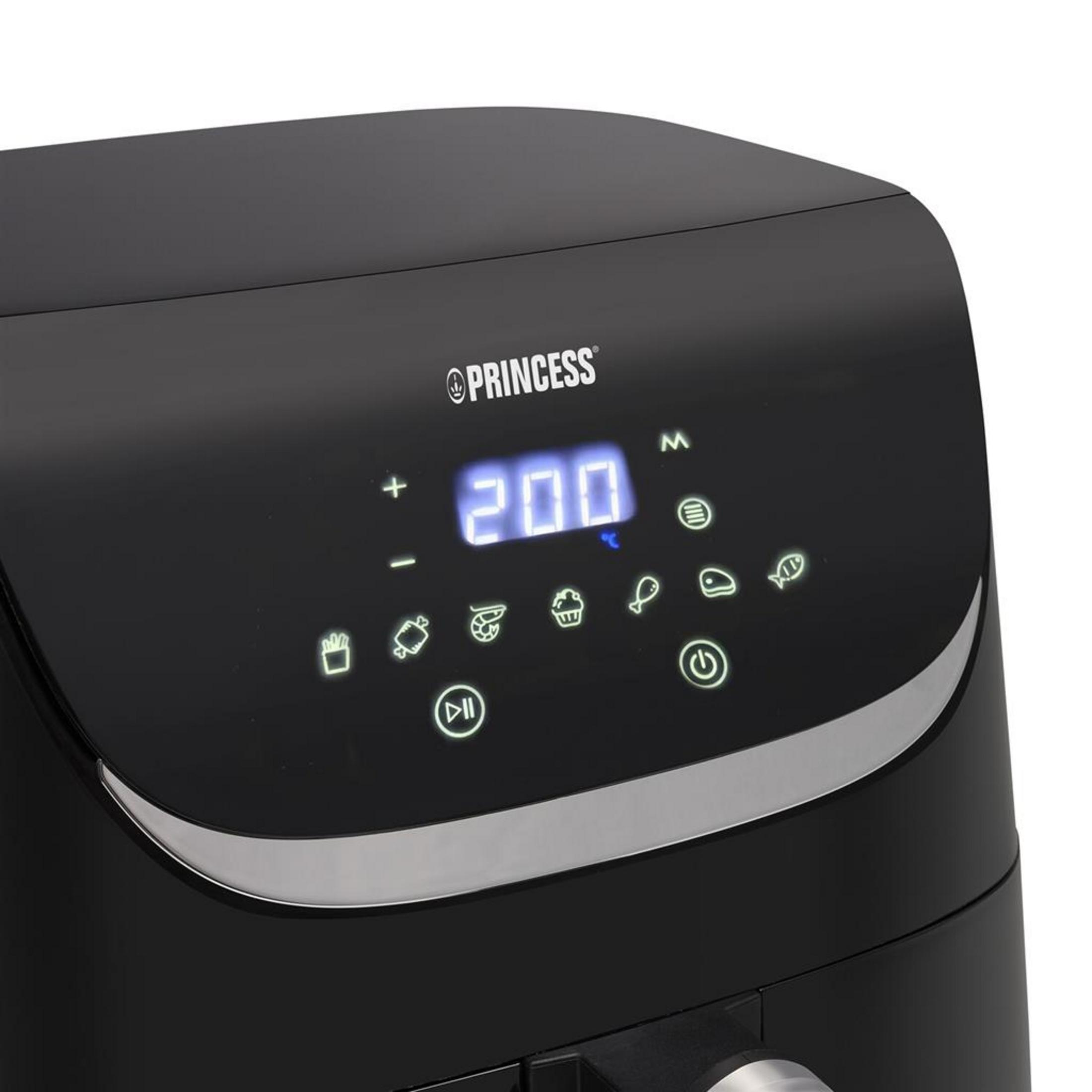 Friggitrice ad aria Princess nera con display digitale che mostra 200°C.