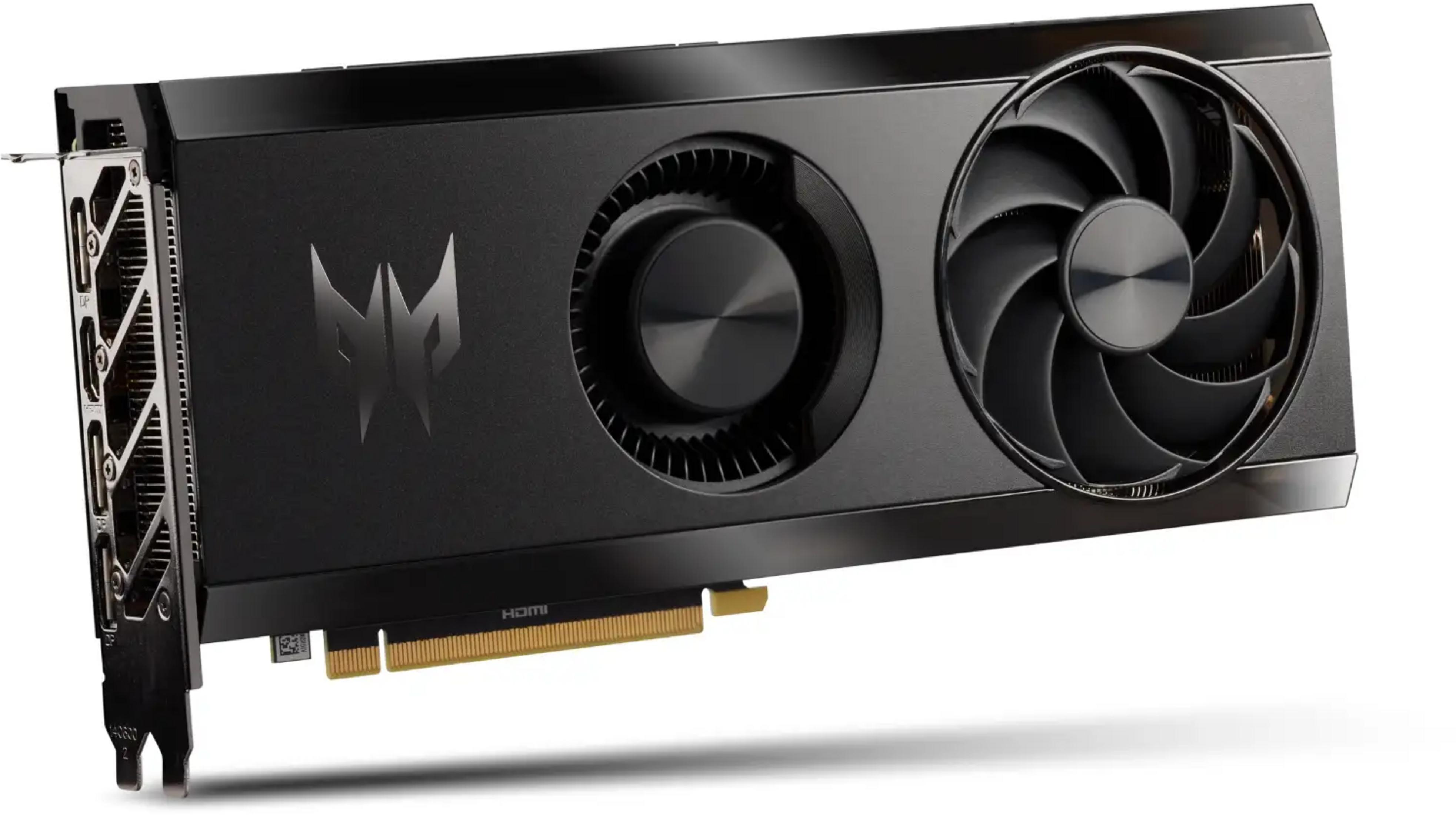 Scheda grafica nera con due ventole, logo Predator e porta HDMI.