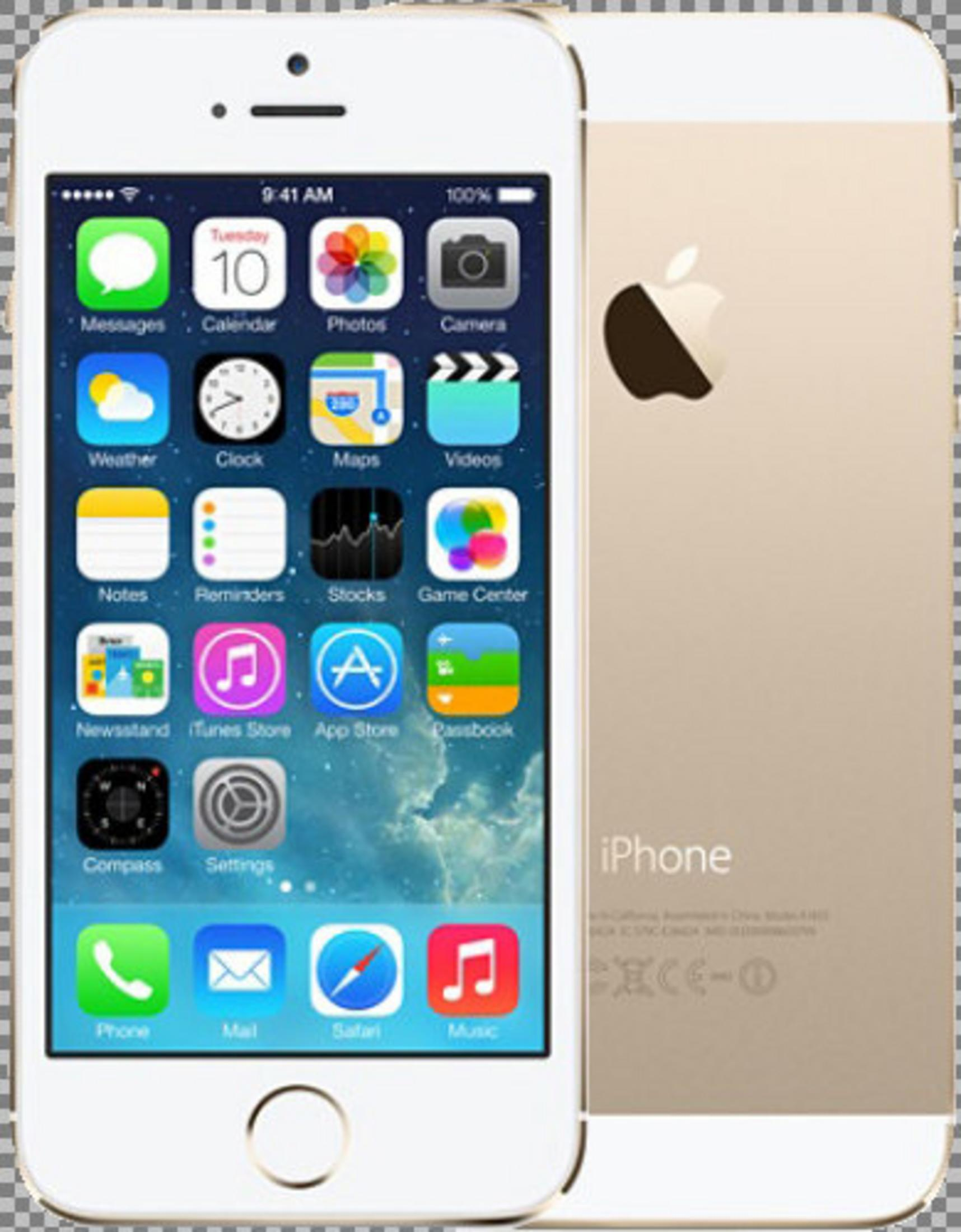 Ein goldenes iPhone 5S mit geöffnetem Startbildschirm und der Rückseite.