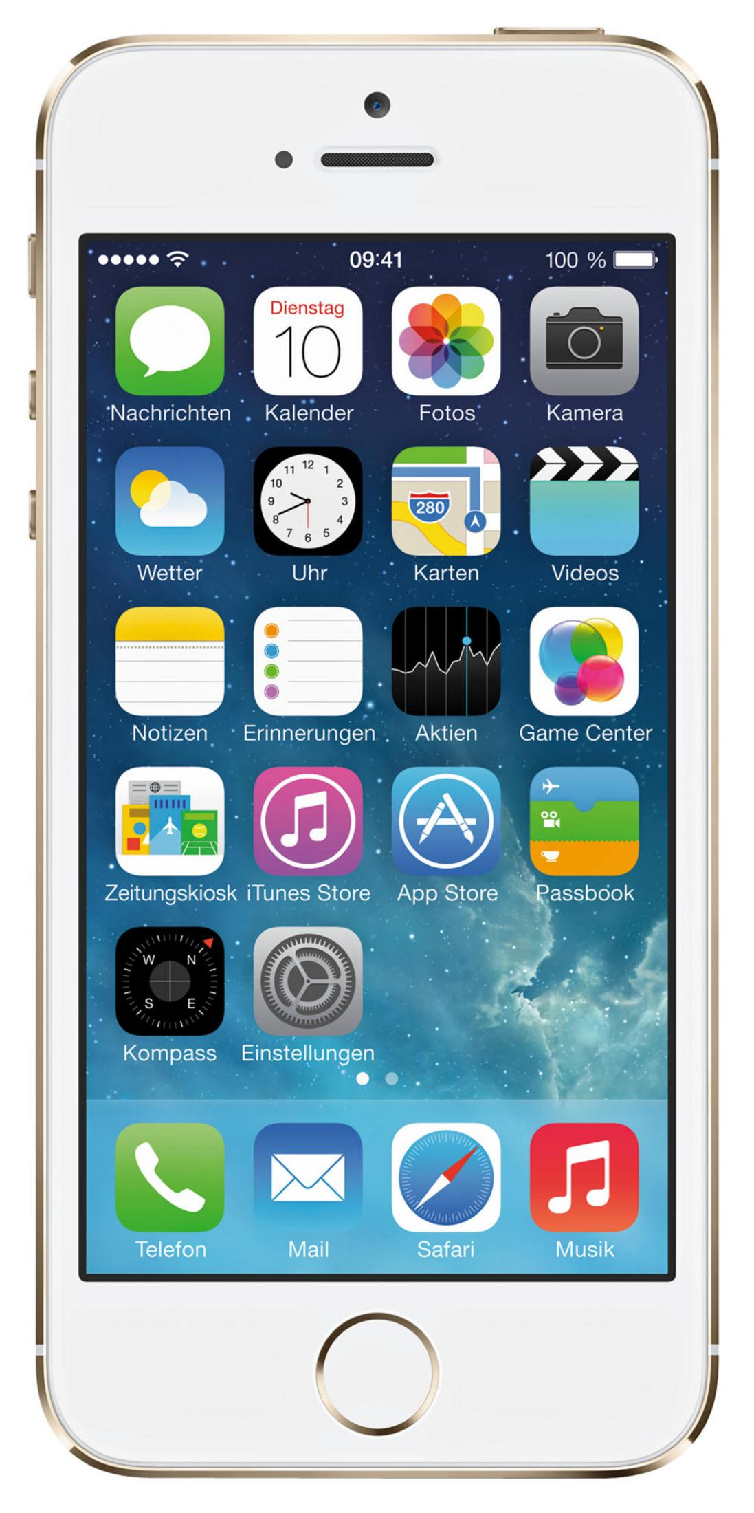 Ein weißes iPhone zeigt den Startbildschirm mit vielen App-Symbolen und der Uhrzeit 09:41.