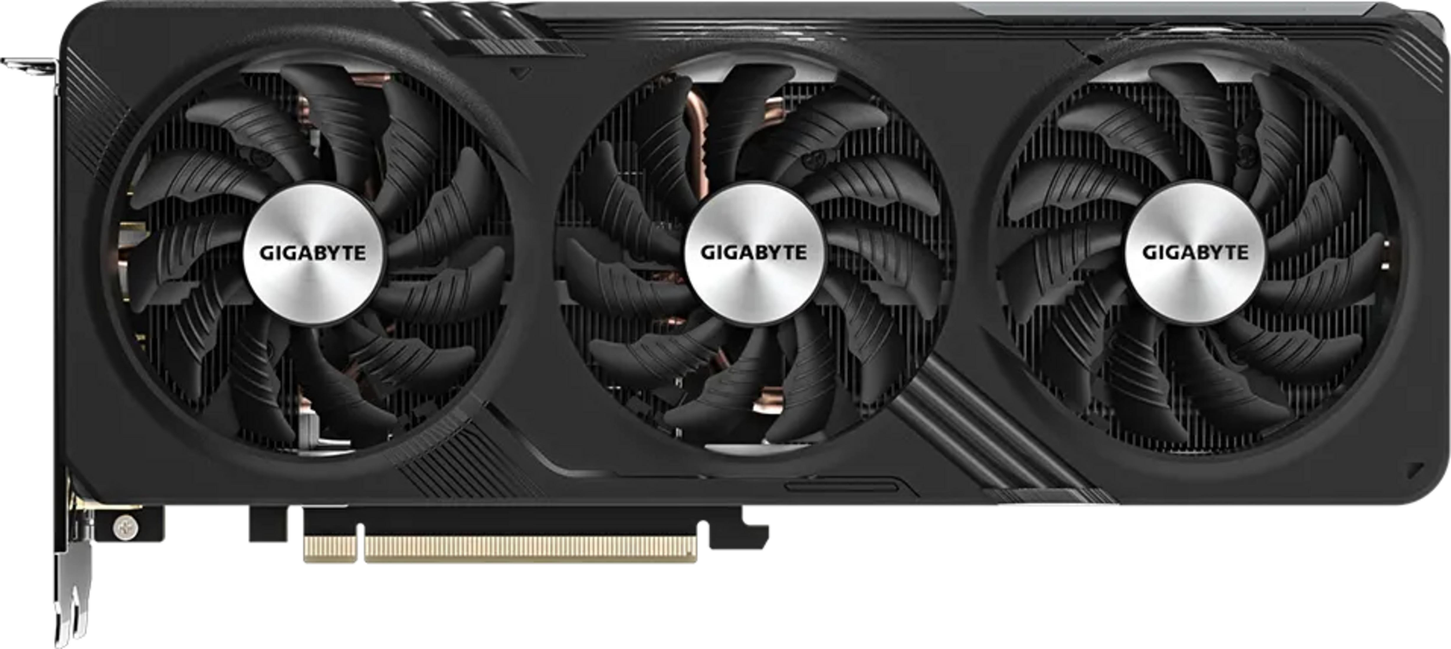 Scheda grafica Gigabyte nera con tre ventole e loghi argentati.