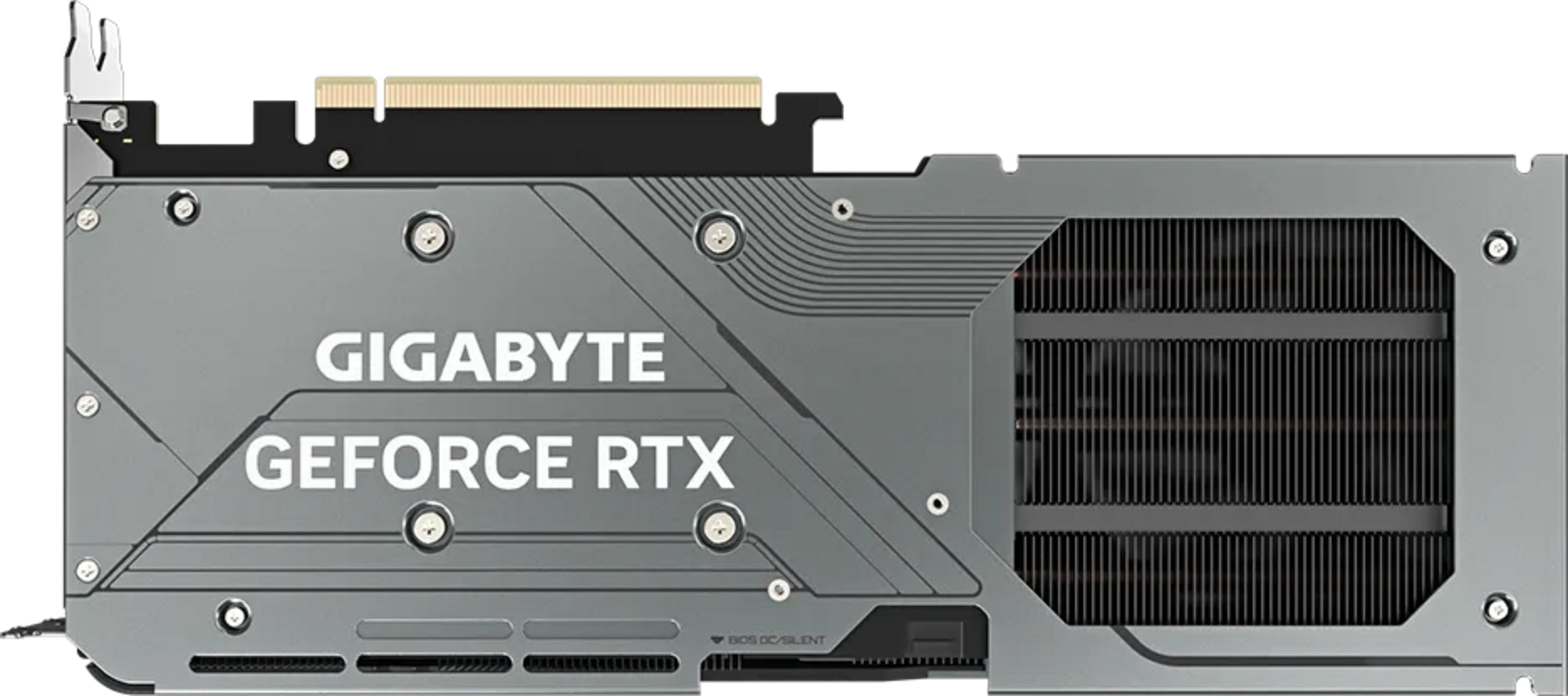 Scheda grafica Gigabyte GeForce RTX grigia con prese d'aria e connettori.