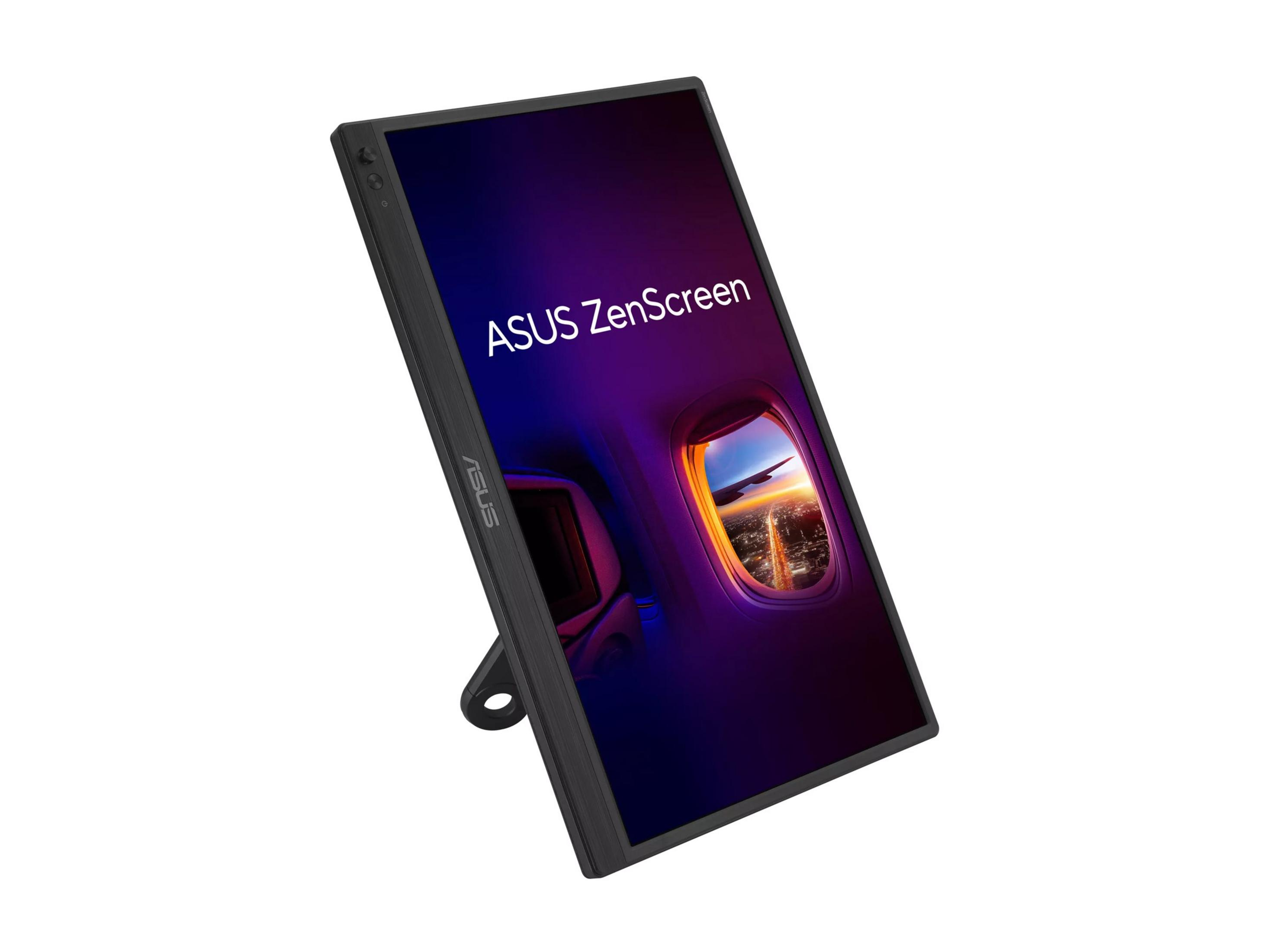 Un monitor portatile ASUS ZenScreen nero mostra la vista da un finestrino.