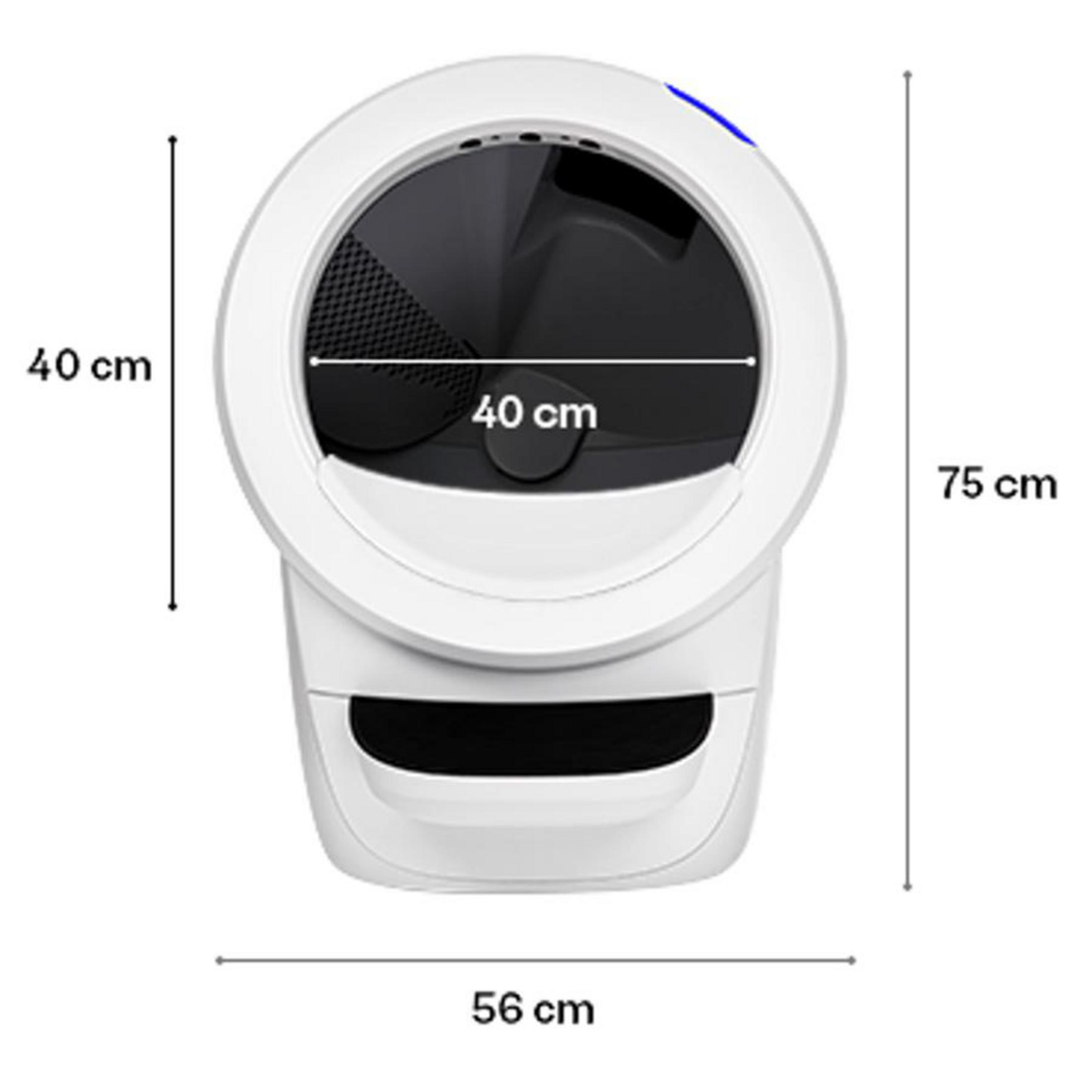 Lettiera bianca automatica con dimensioni: 75cm A, 56cm L, 40cm P.