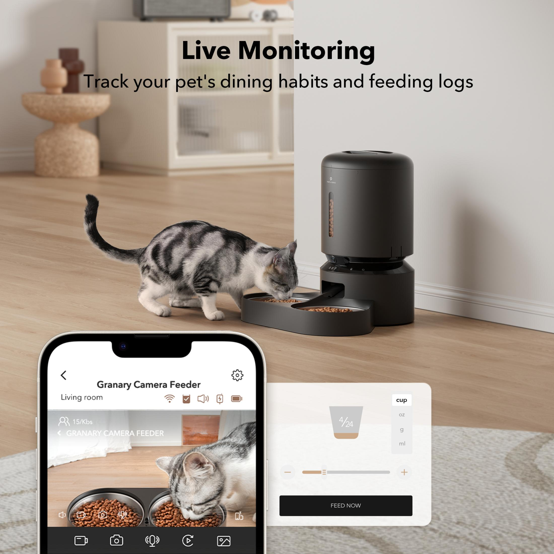 Eine Katze frisst aus einem Futterautomaten, daneben ein Smartphone mit App.