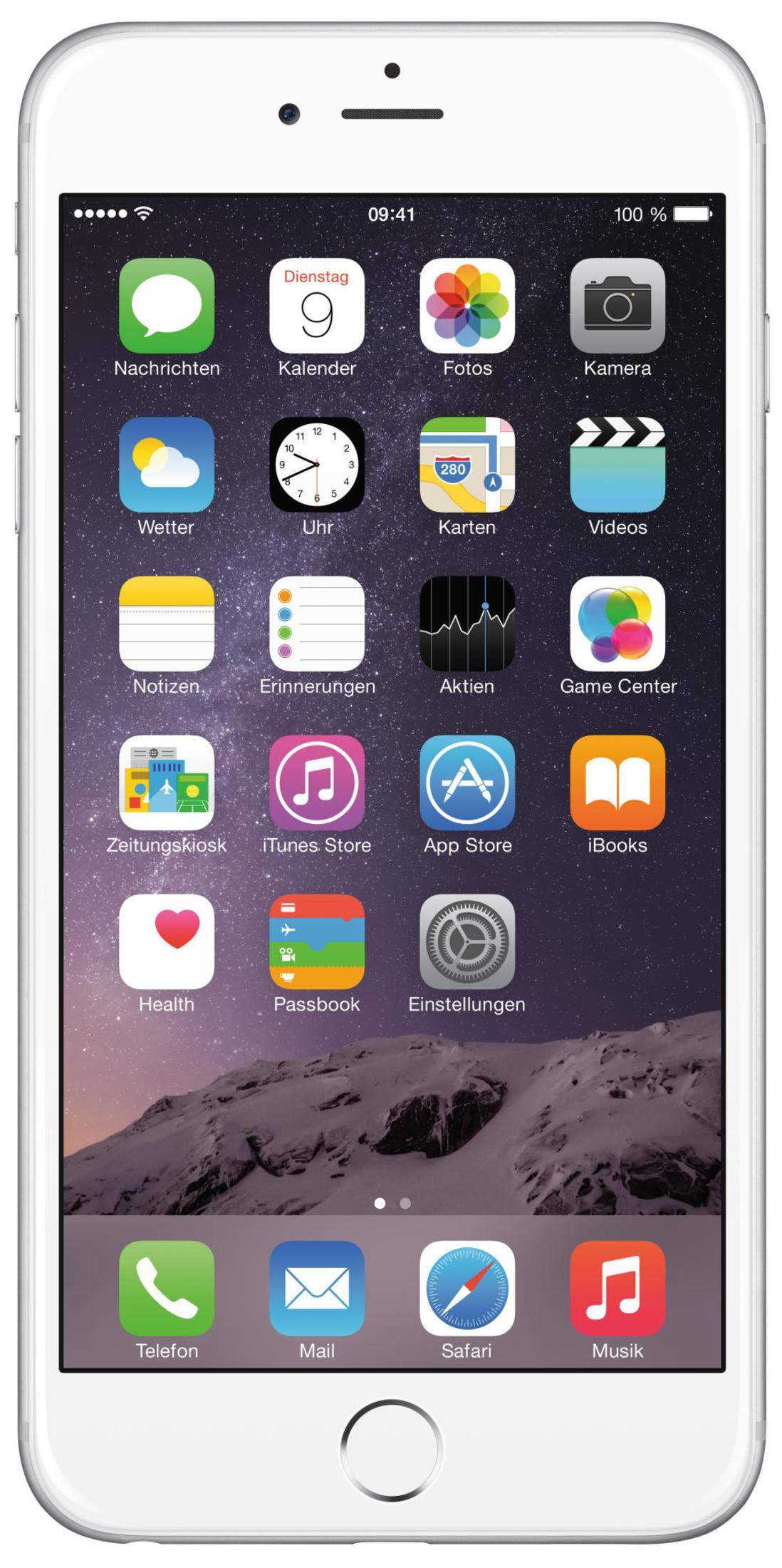 Eine weiße iPhone-Oberfläche mit einem Sternenhimmel-Hintergrund und App-Symbolen.