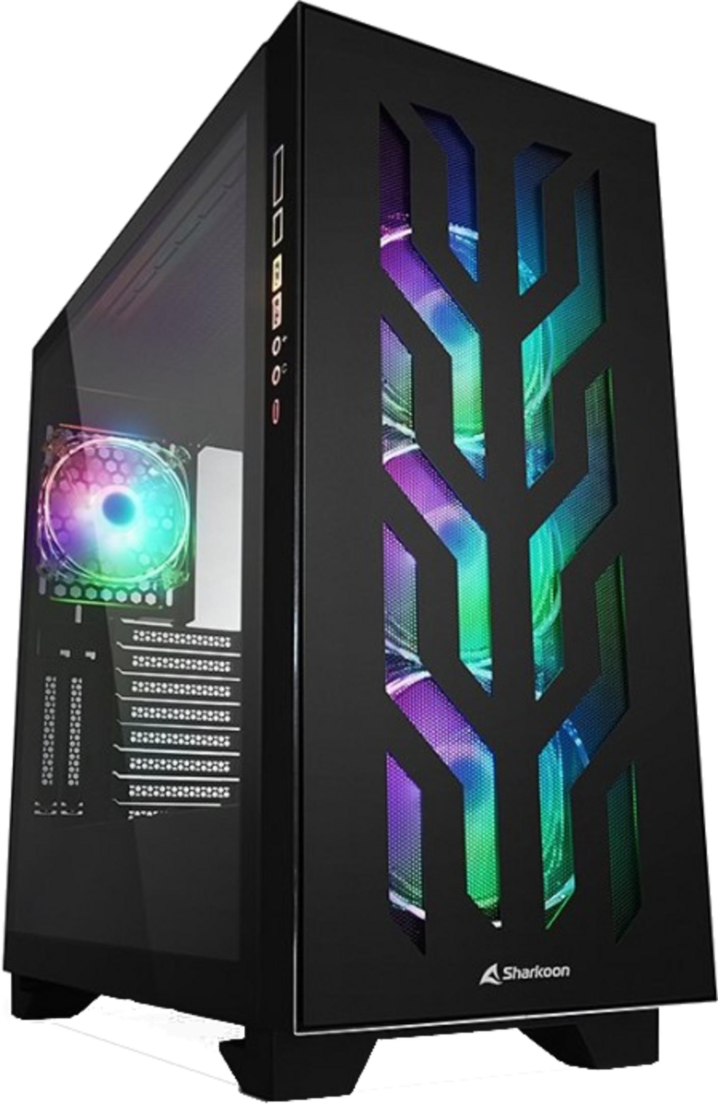 Case PC nero con ventole illuminate e finestra in vetro.