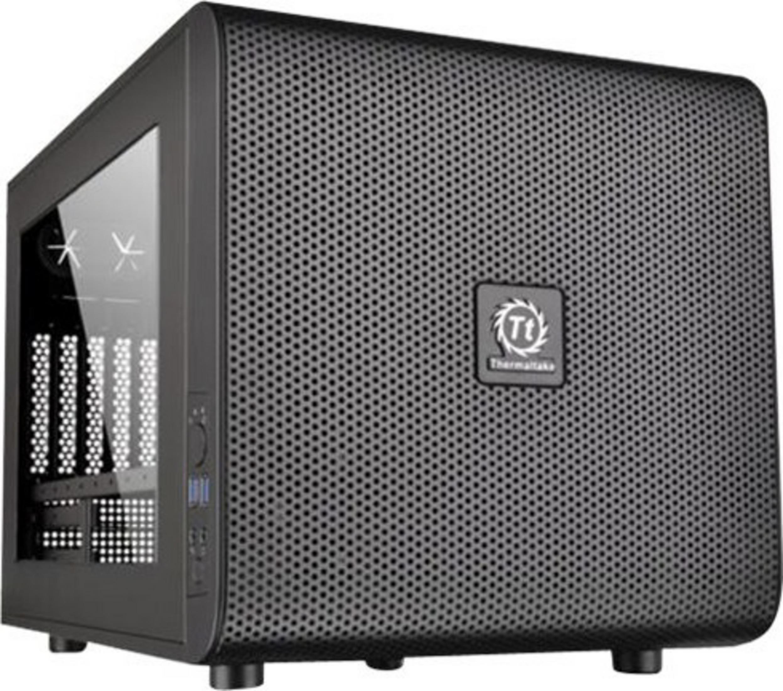 Case del computer nero con pannello laterale ventilato e finestra in vetro.