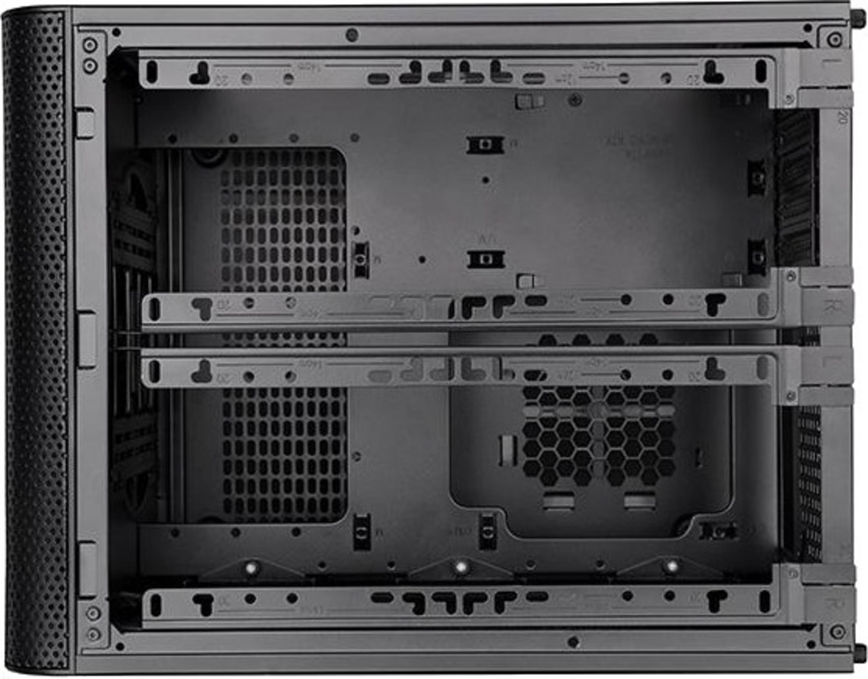 L'interno di un case per computer nero con guide per unità.