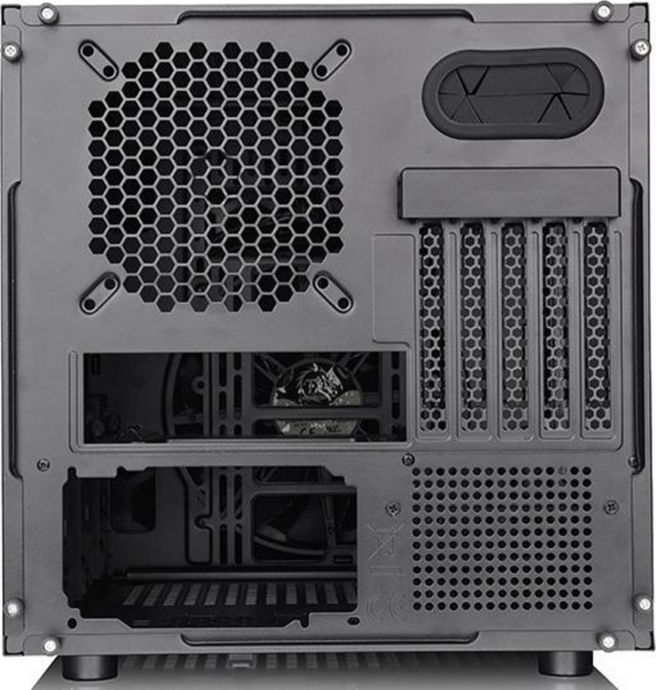 Retro di un case per computer nero con ventole e fessure.