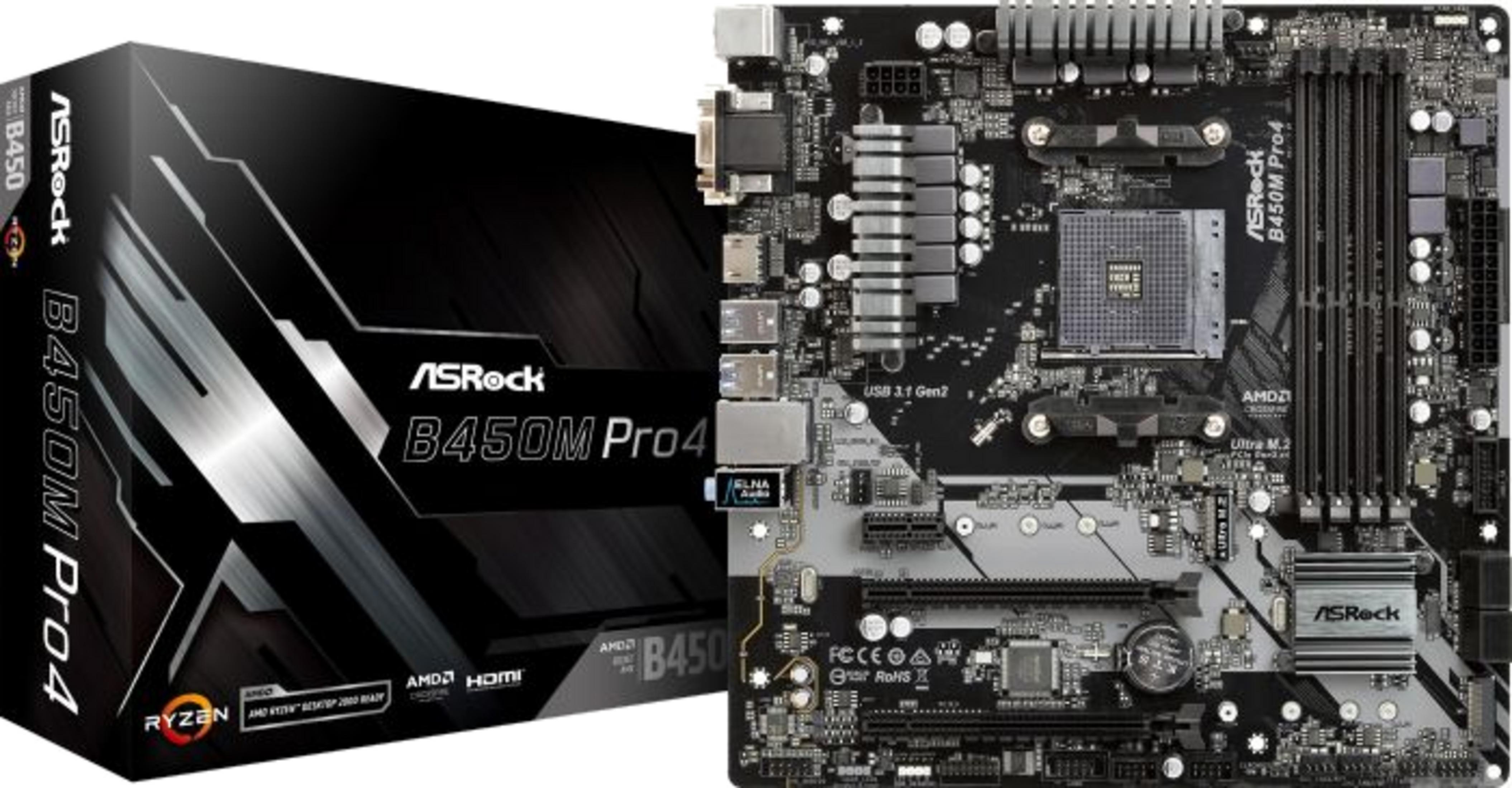 Scheda madre ASRock B450M Pro4 e scatola con logo Ryzen.