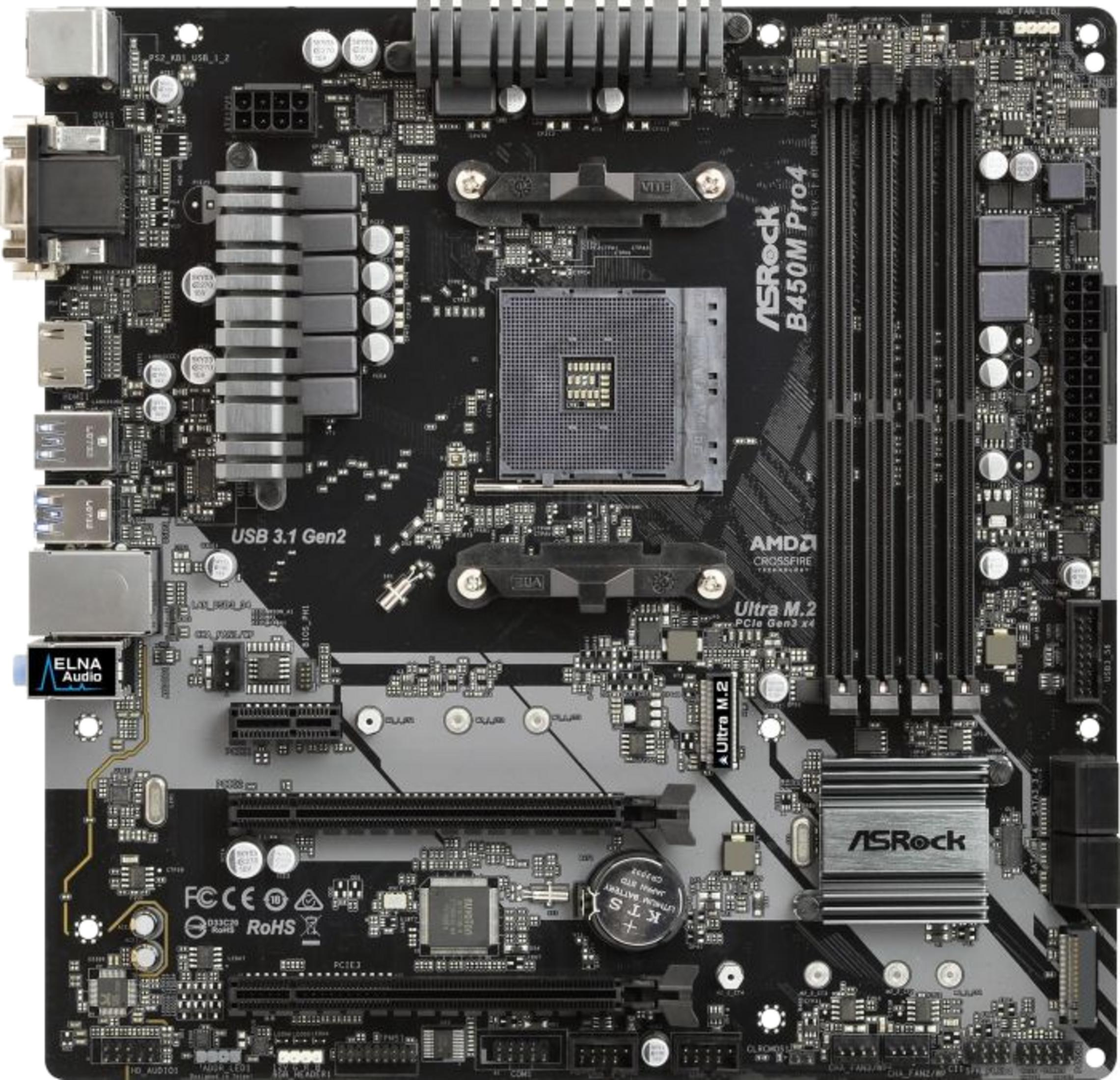 Una vista dettagliata di una scheda madre ASRock B450M Pro4 nera, con porte e componenti.