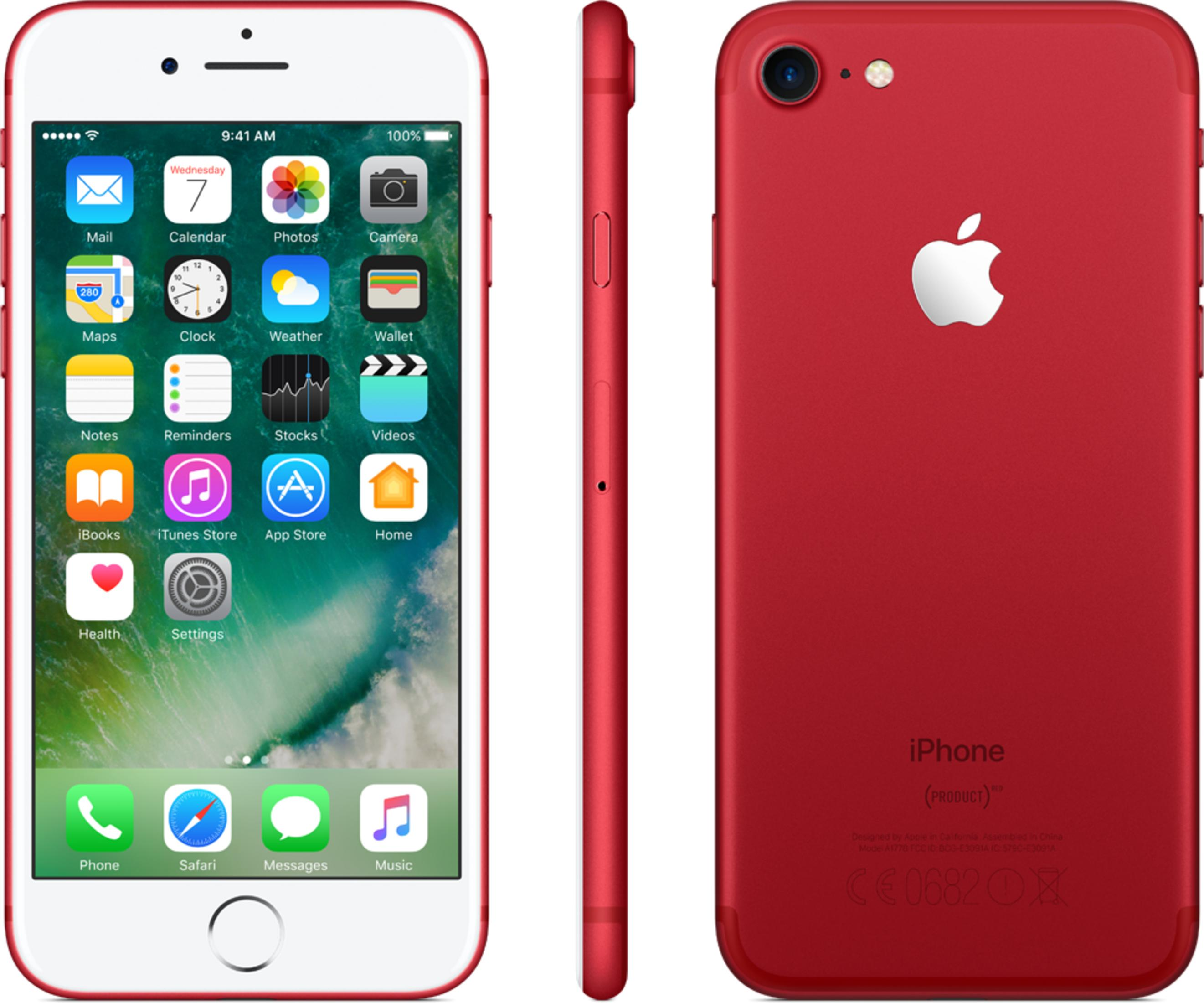 Rotes iPhone in drei Ansichten: Vorderseite mit Apps, Seitenansicht und Rückseite mit Apple-Logo.