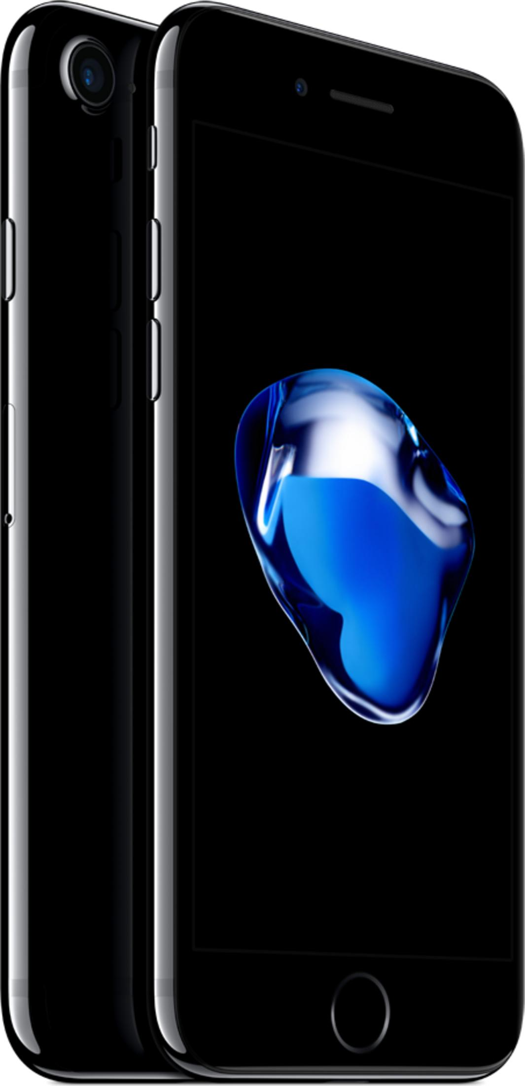 Zwei schwarze iPhones nebeneinander, eines mit einem blauen Wassertropfen auf dem Bildschirm.