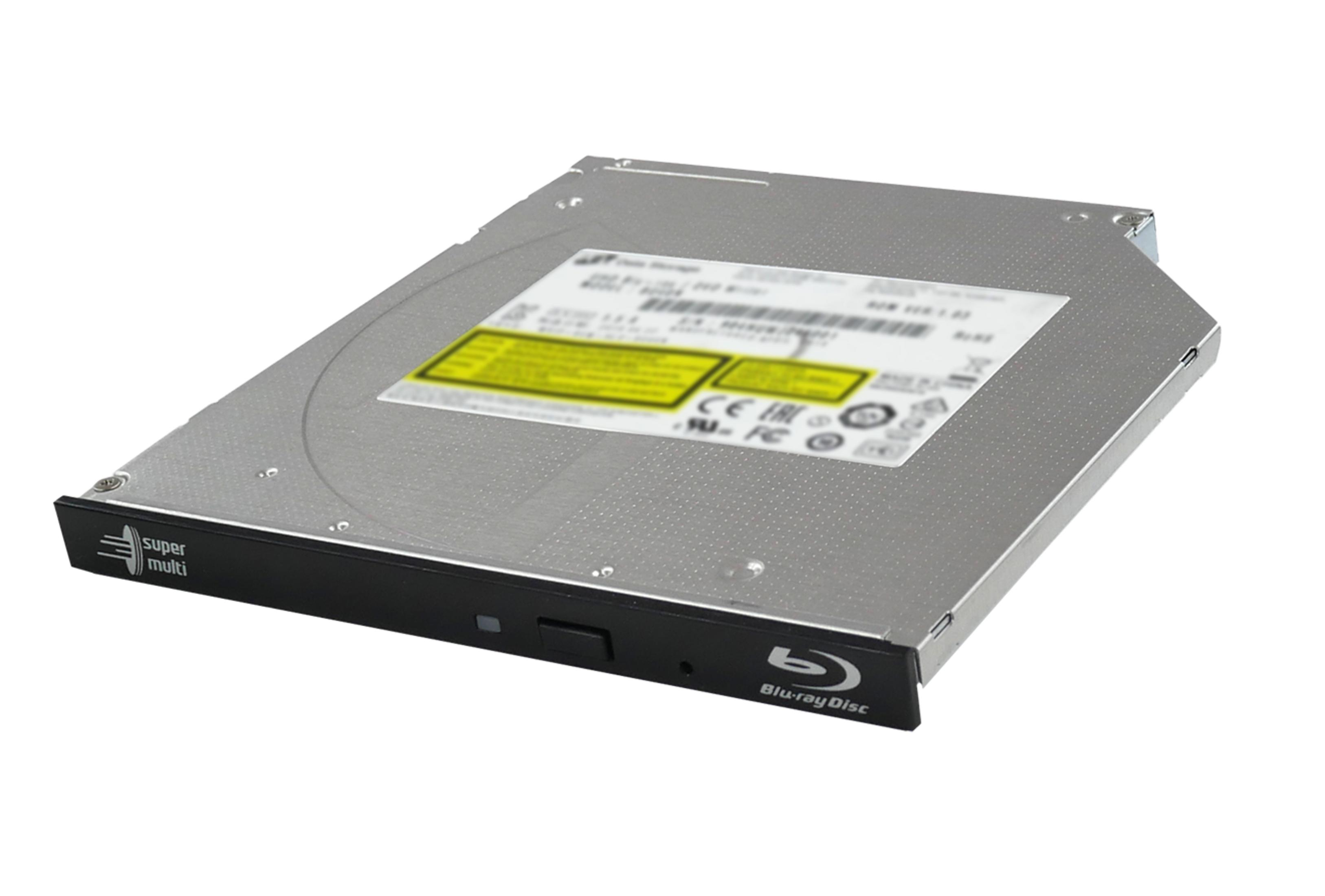 Una unidad plateada de Blu-ray con bisel negro y etiquetas.